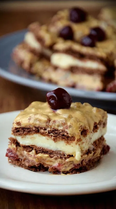 A slice of cake with a cherry on top.