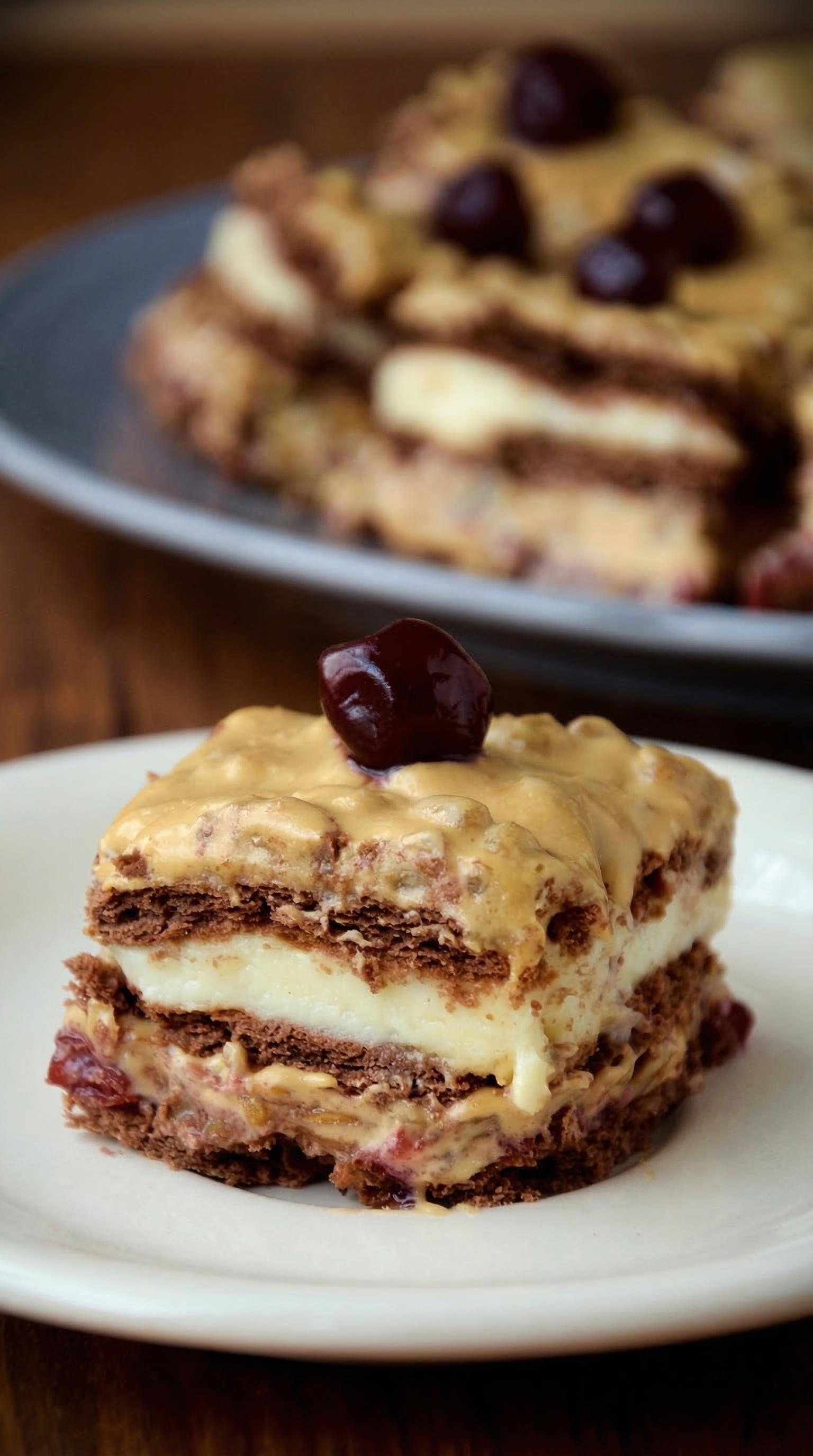 A slice of cake with a cherry on top.