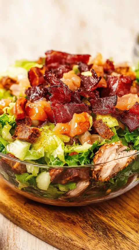 A salad with bacon, chicken, and lettuce.