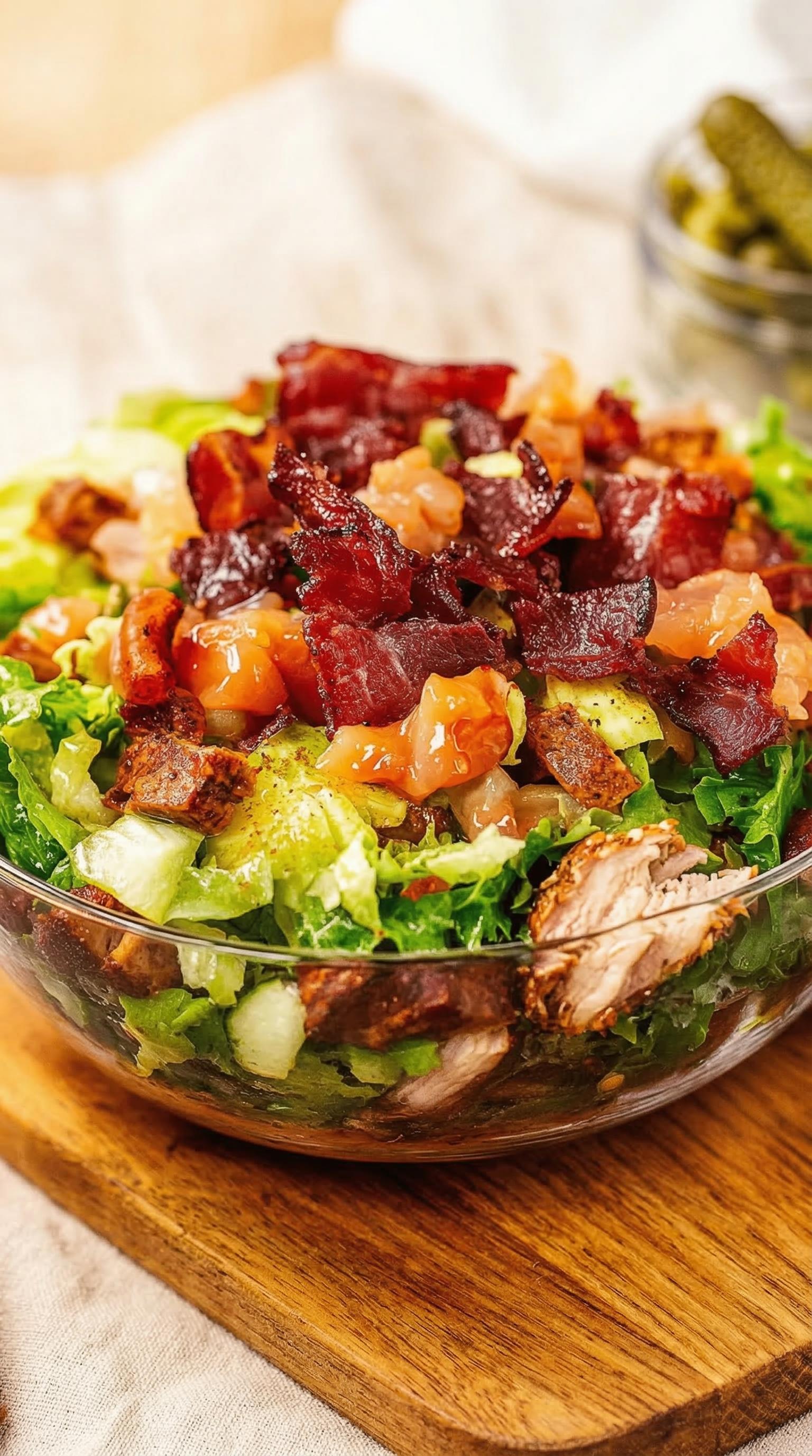 A salad with bacon, chicken, and lettuce.