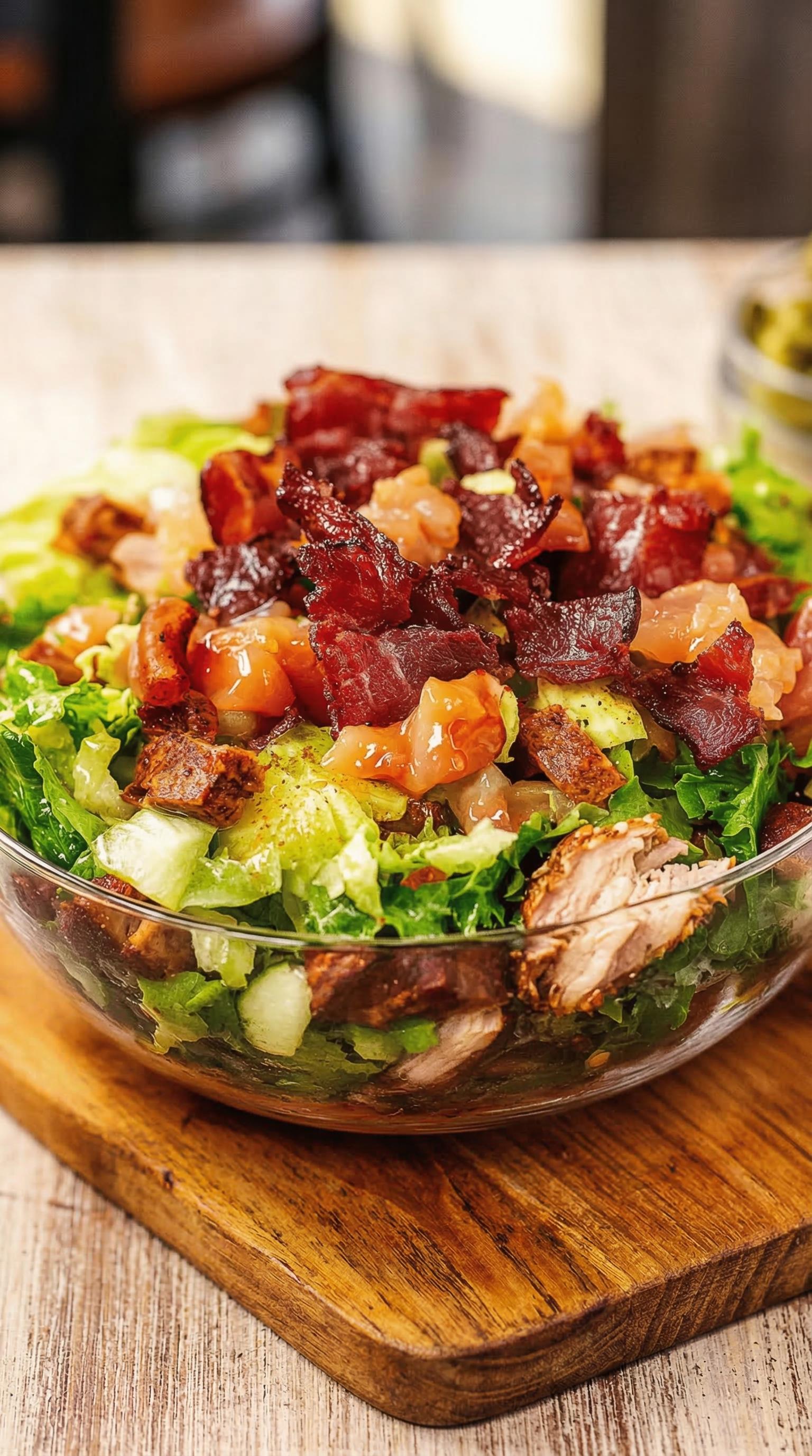 A salad with bacon, chicken, and lettuce.