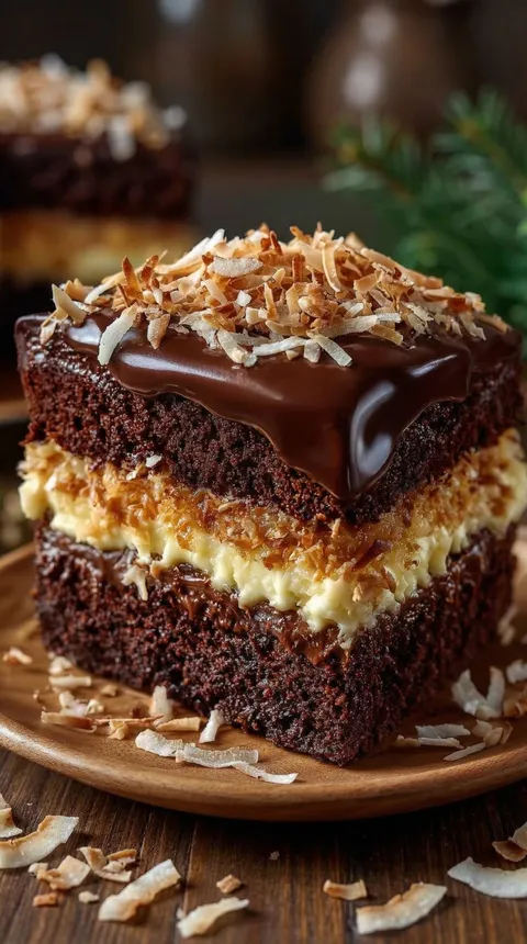 A chocolate cake with coconut on top.