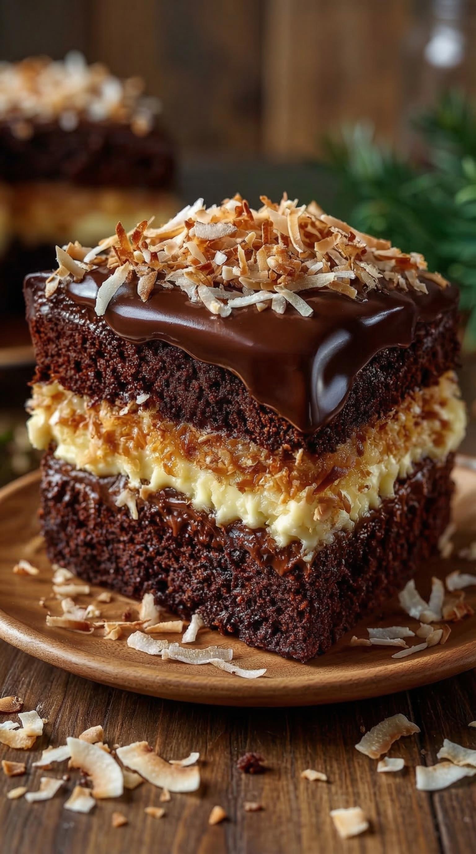 A chocolate cake with coconut on top.