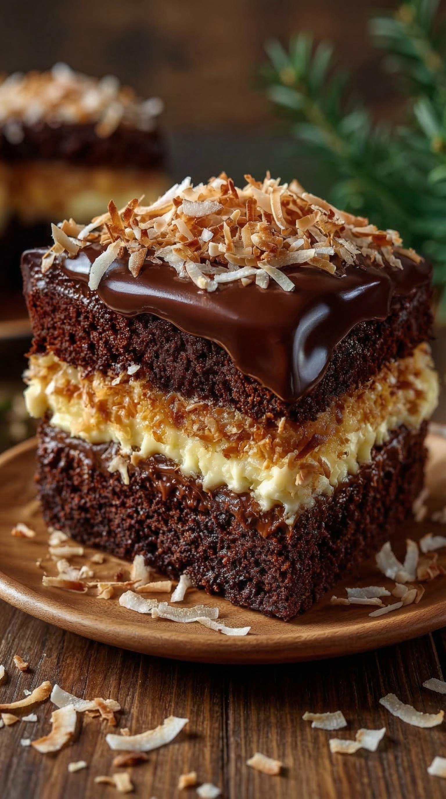 A slice of cake with chocolate frosting and coconut on top.
