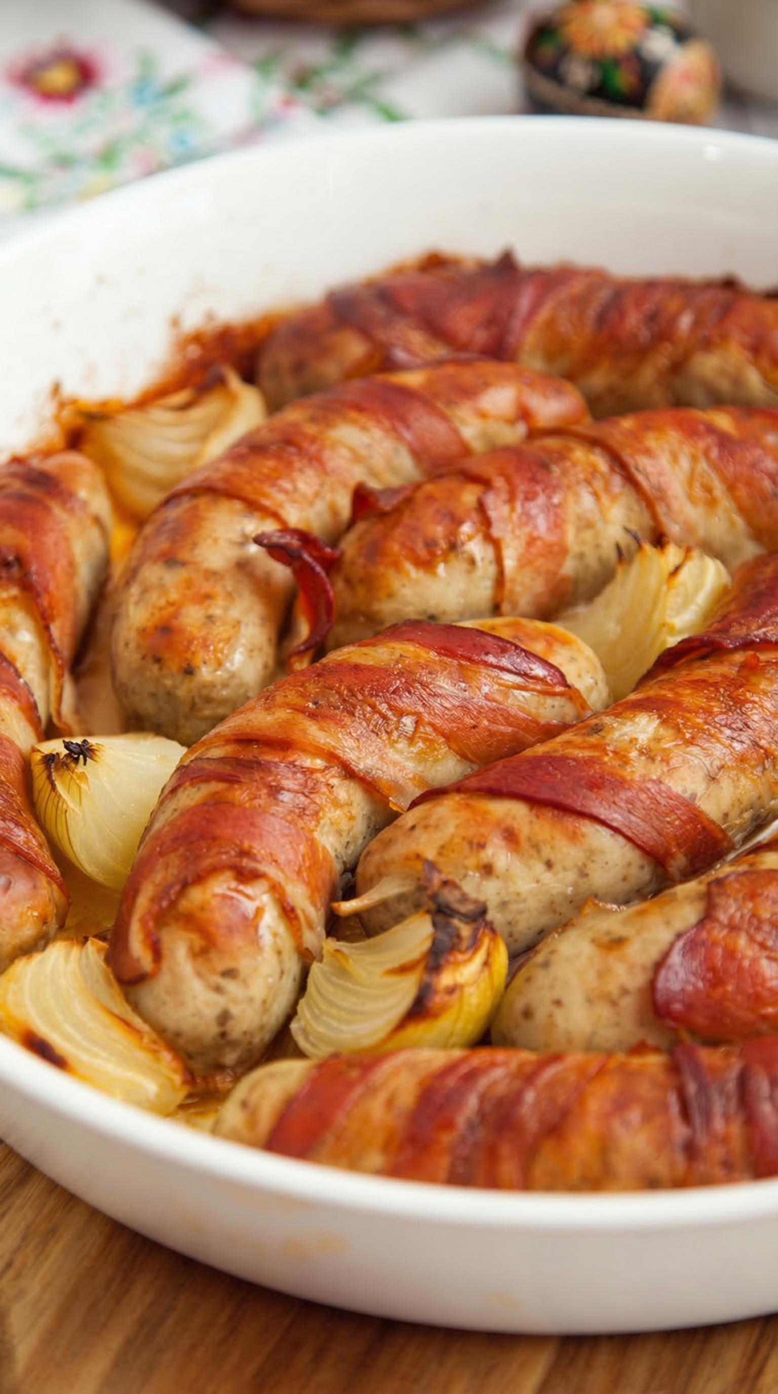 Pieczona biała kiełbasa zawijana w boczek z cebulką.
