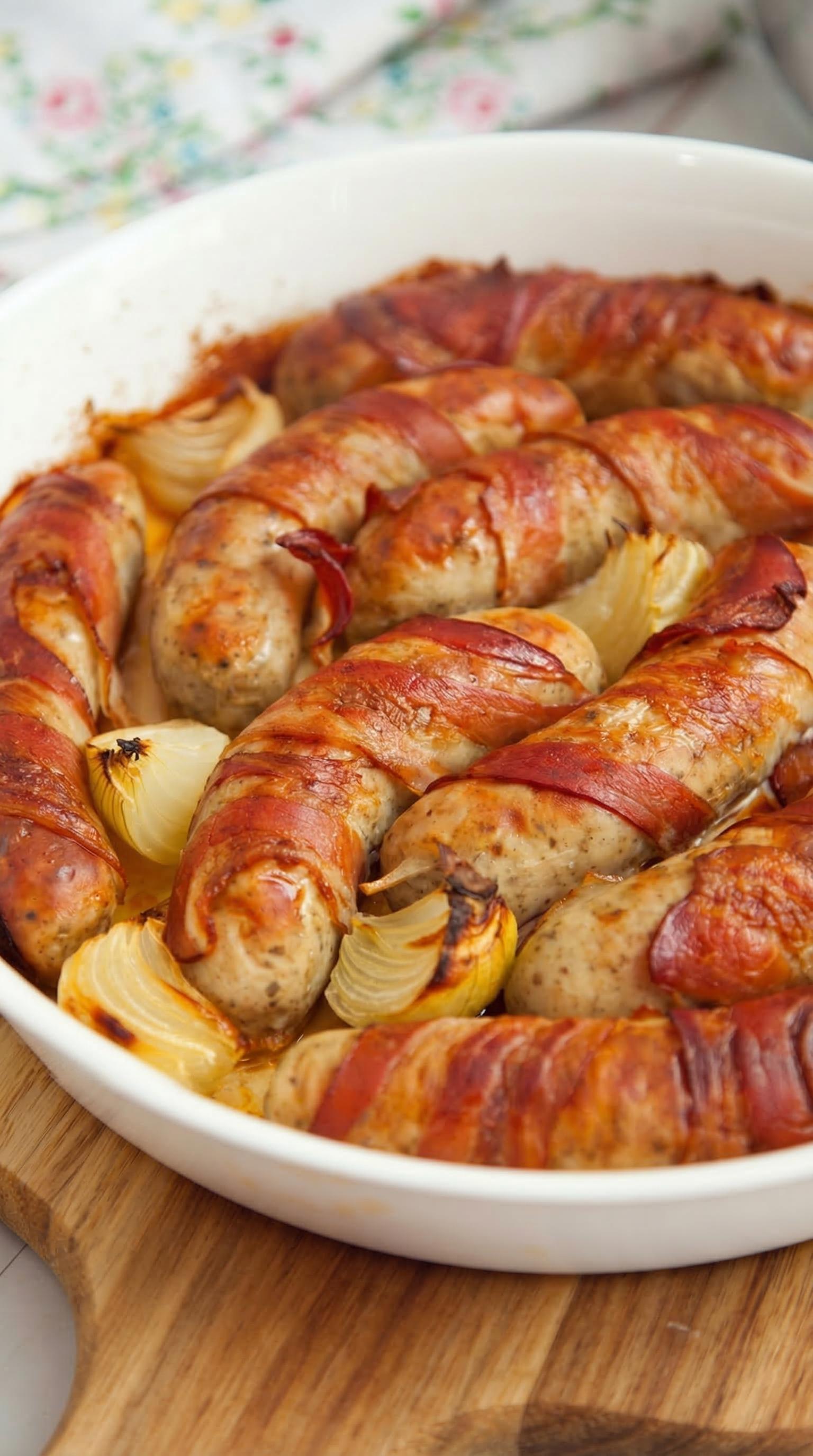 A plate of sausage wrapped in bacon.