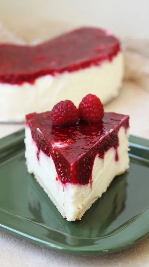 A slice of cheesecake with raspberries on top.
