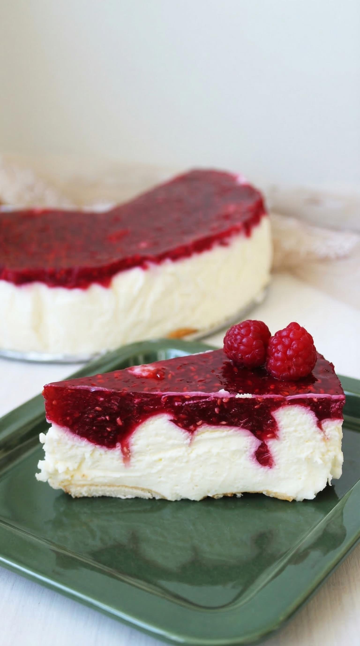 A slice of red velvet cake with raspberries on top.