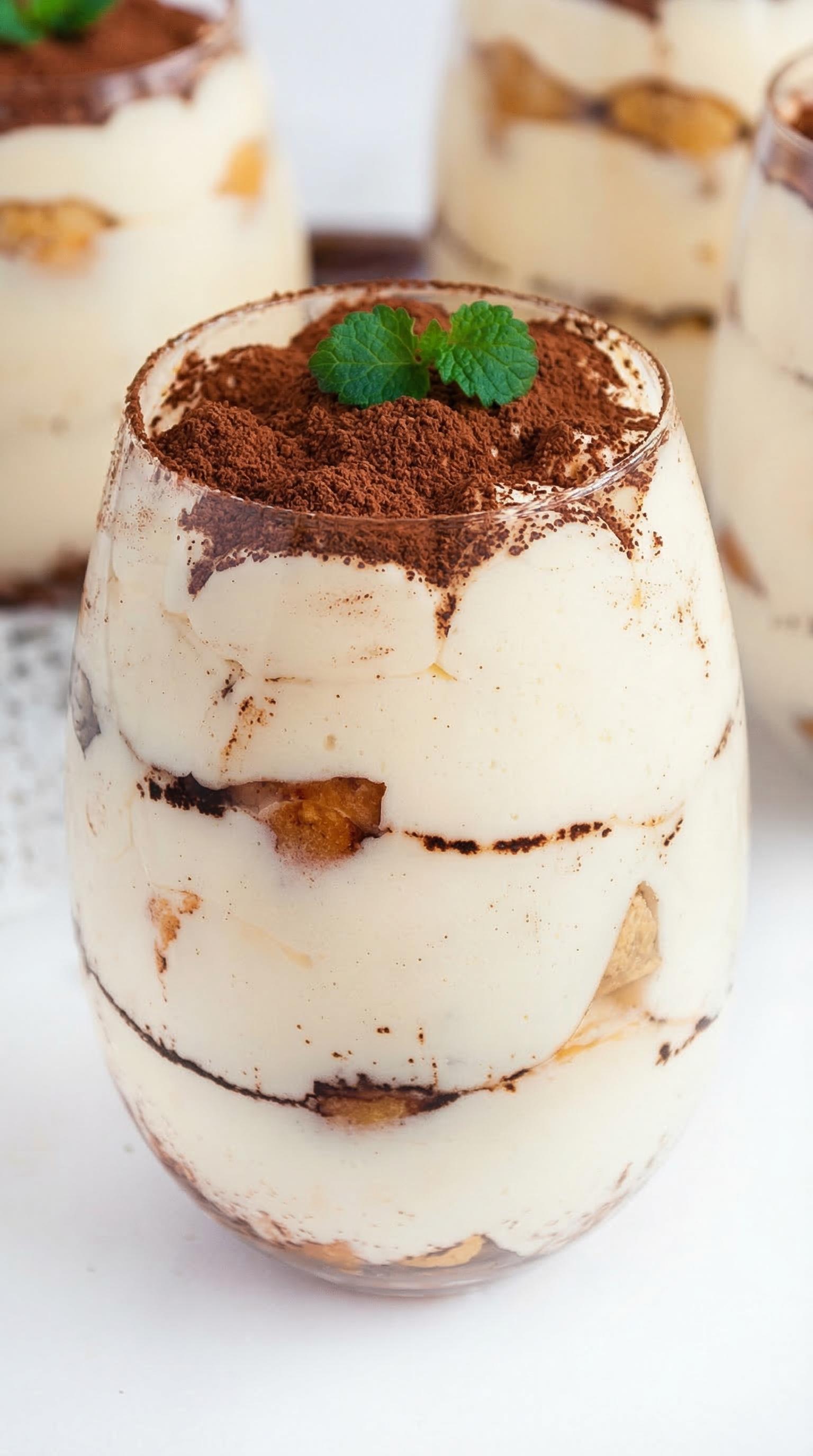 A glass of Tiramisu with a sprig of mint on top.