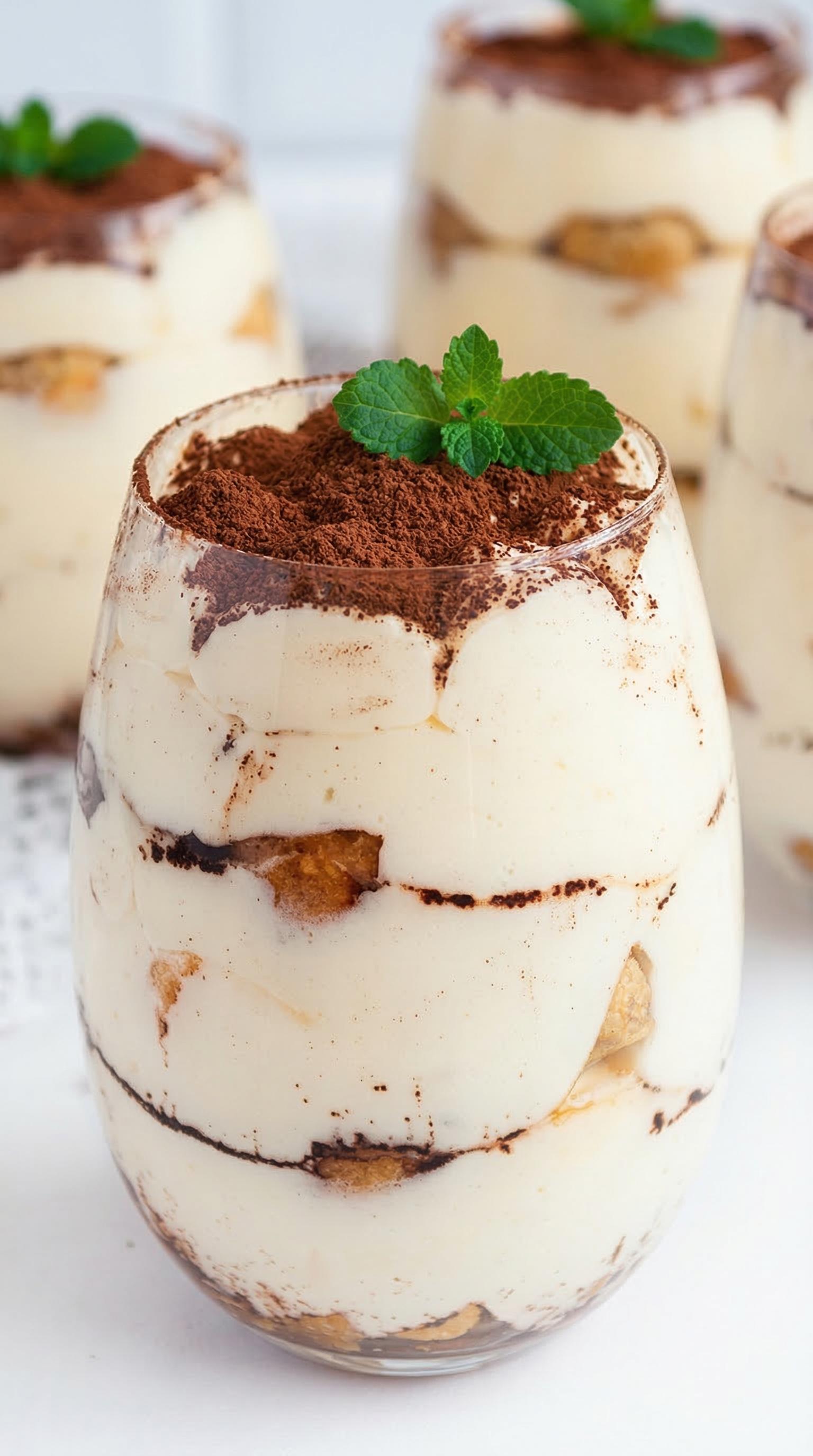 A glass of Tiramisu with chocolate sprinkles.