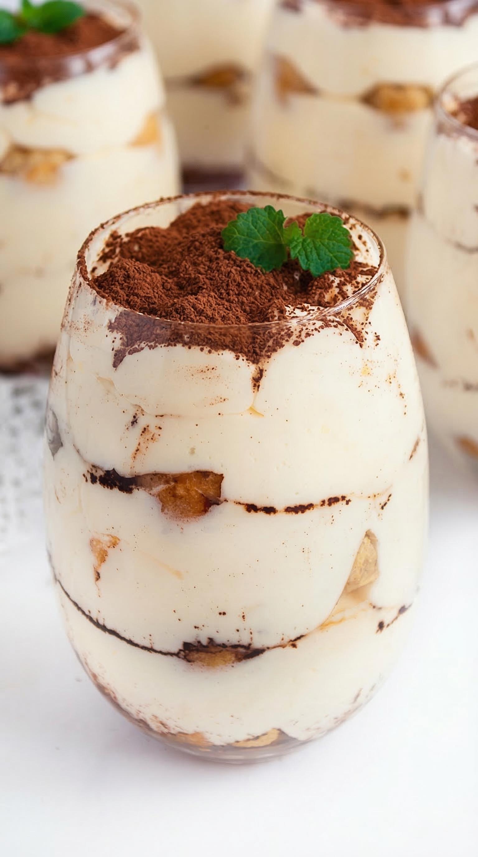 A glass of tiramisu with chocolate sprinkles.