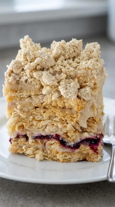 A slice of cake with powdered sugar on top.