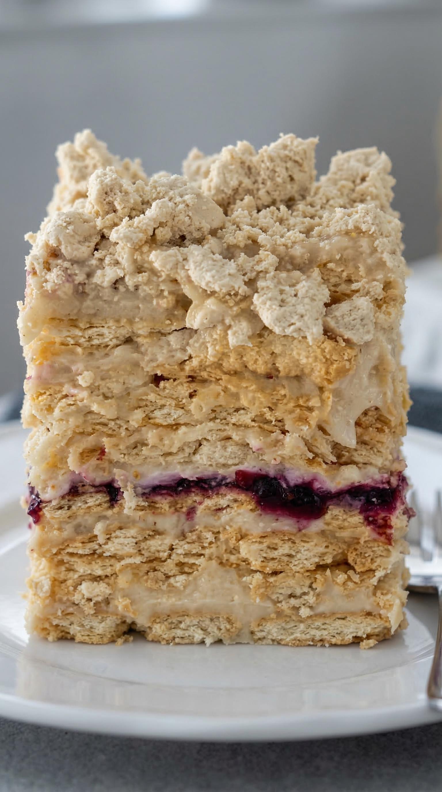 A slice of cake with powdered sugar on top.