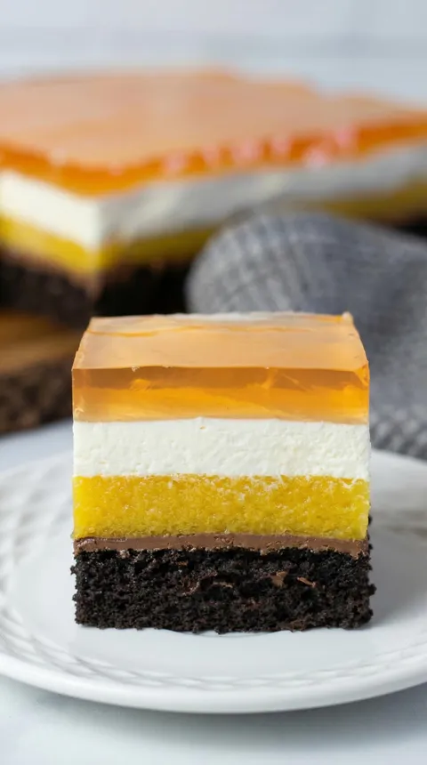 A slice of cake with yellow, white and orange layers.