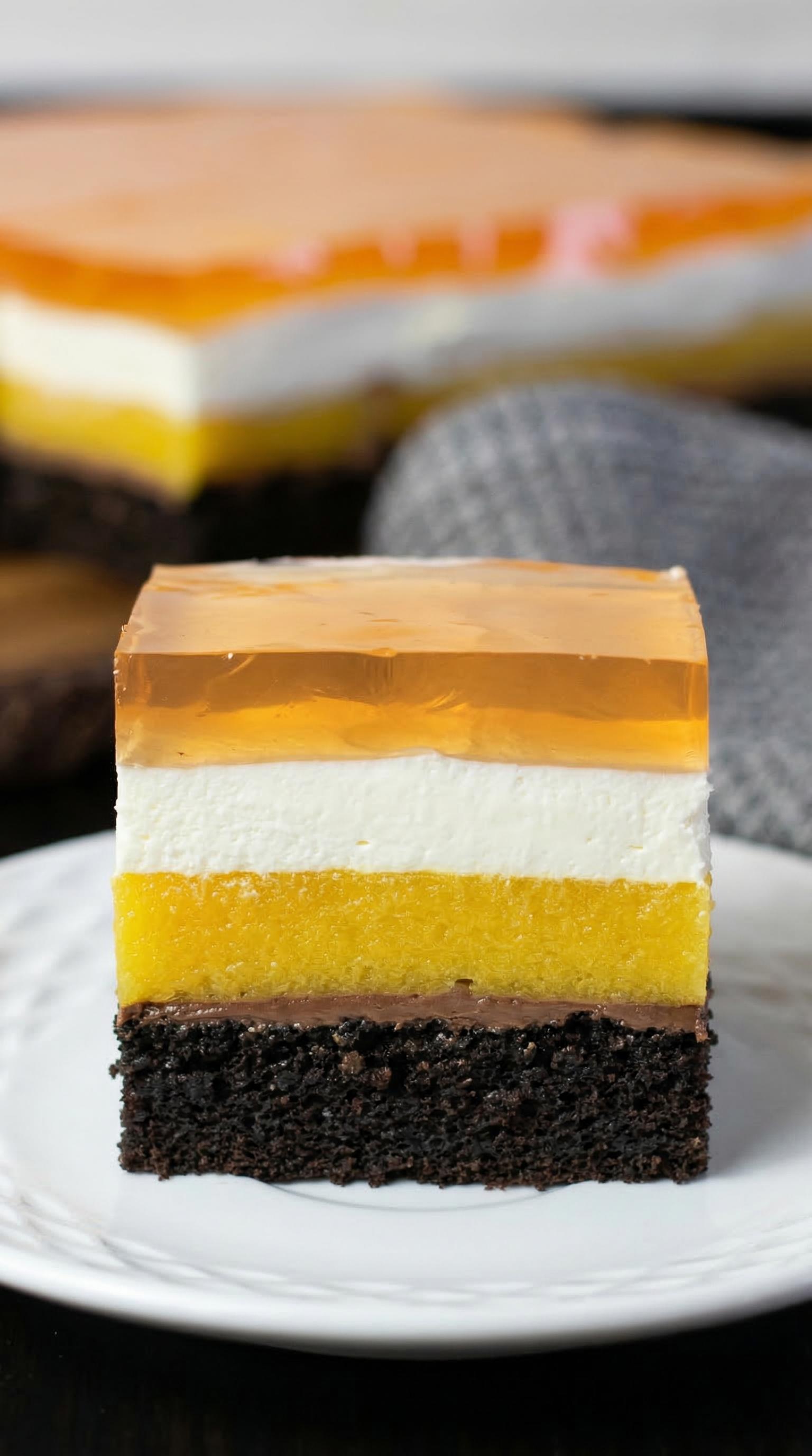 A slice of cake with yellow, white and black layers.