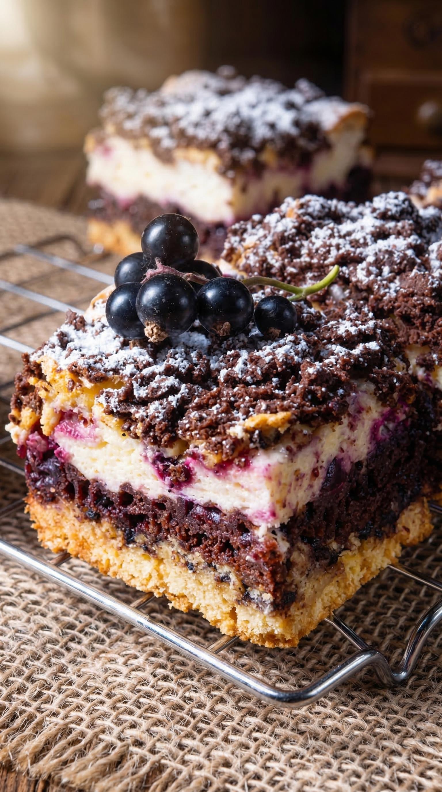 A slice of chocolate cake with blackberries on top.