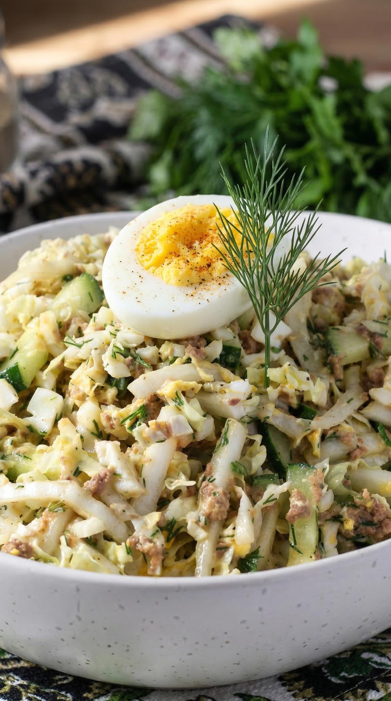 A bowl of salad with eggs and cucumbers.