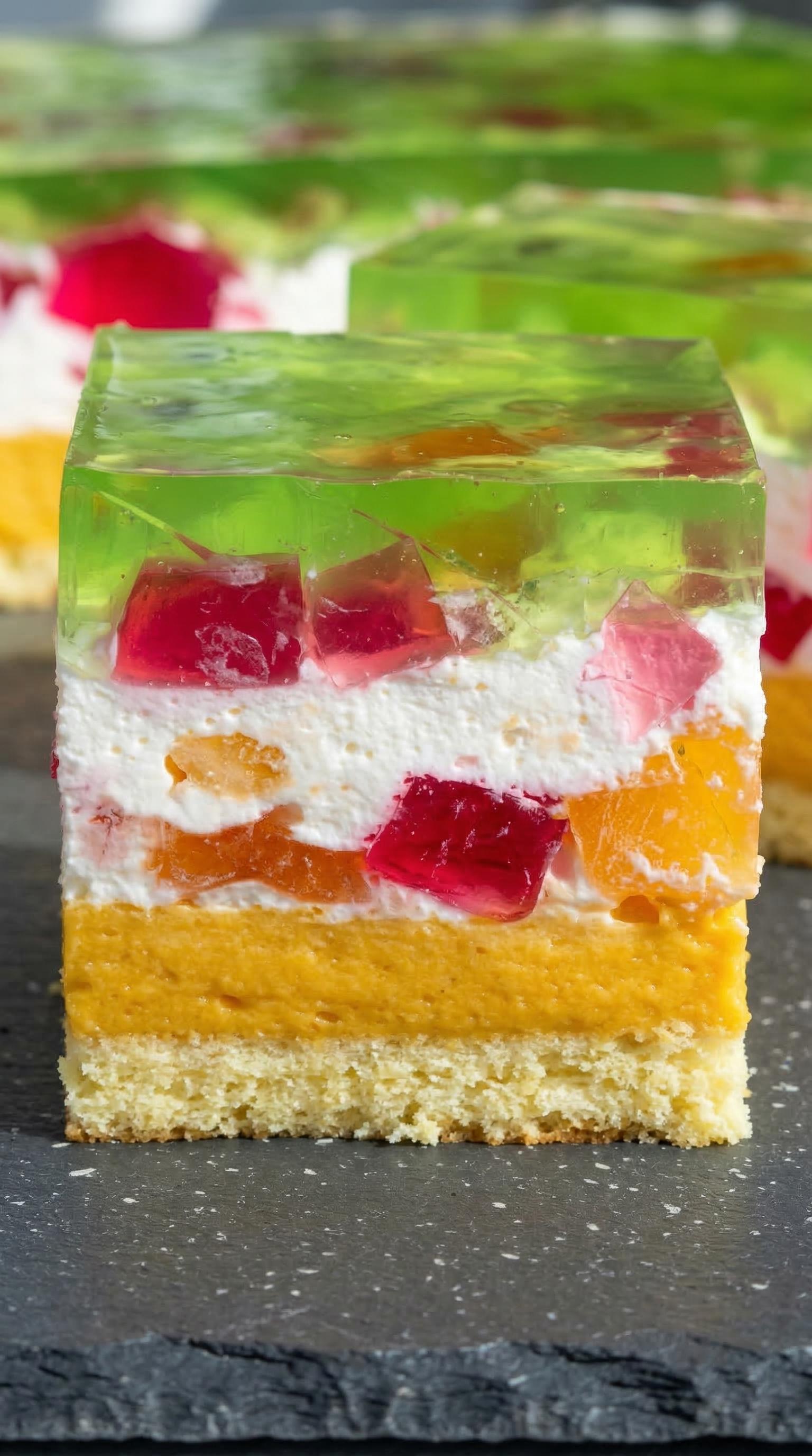 A slice of cake with fruit on top.