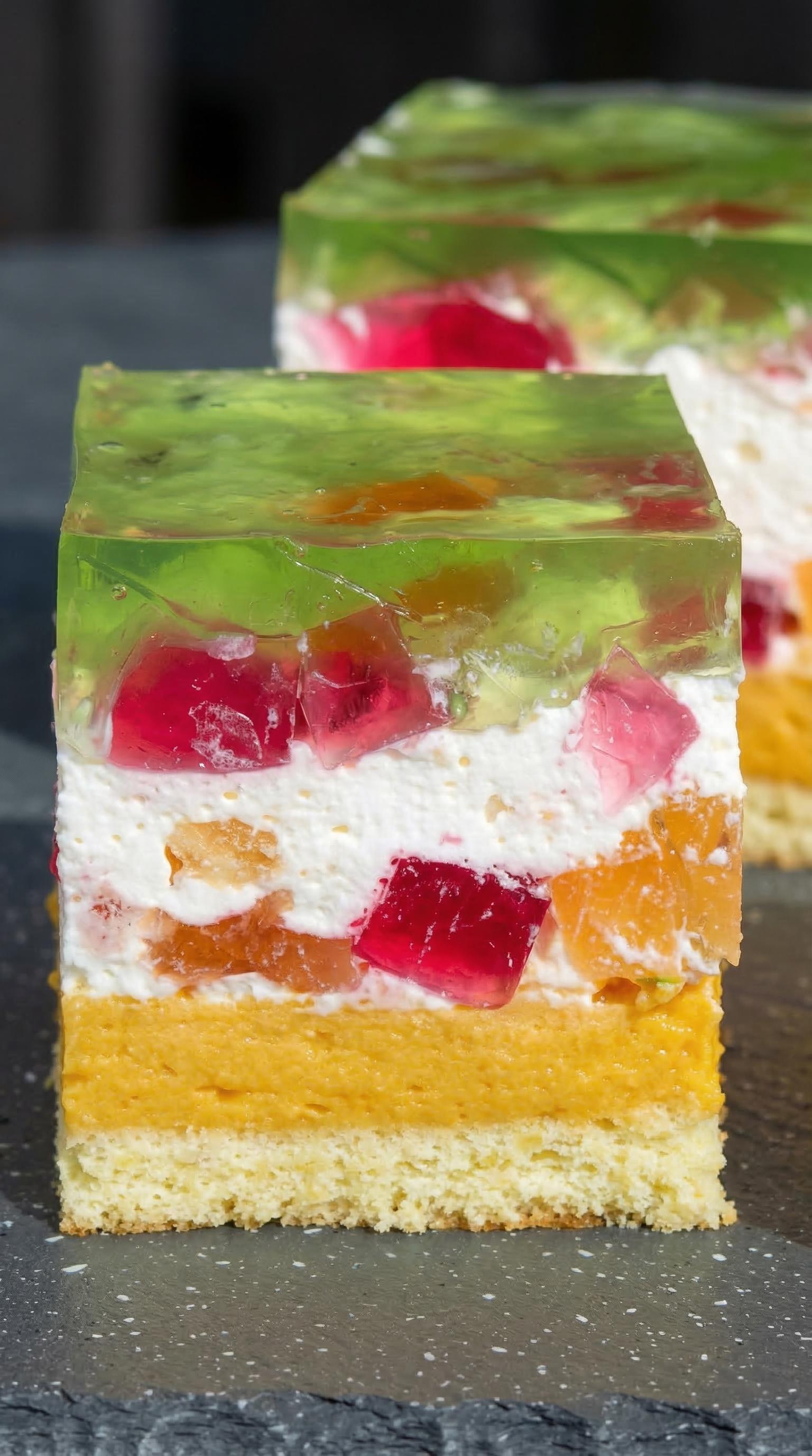 A slice of cake with fruit on top.