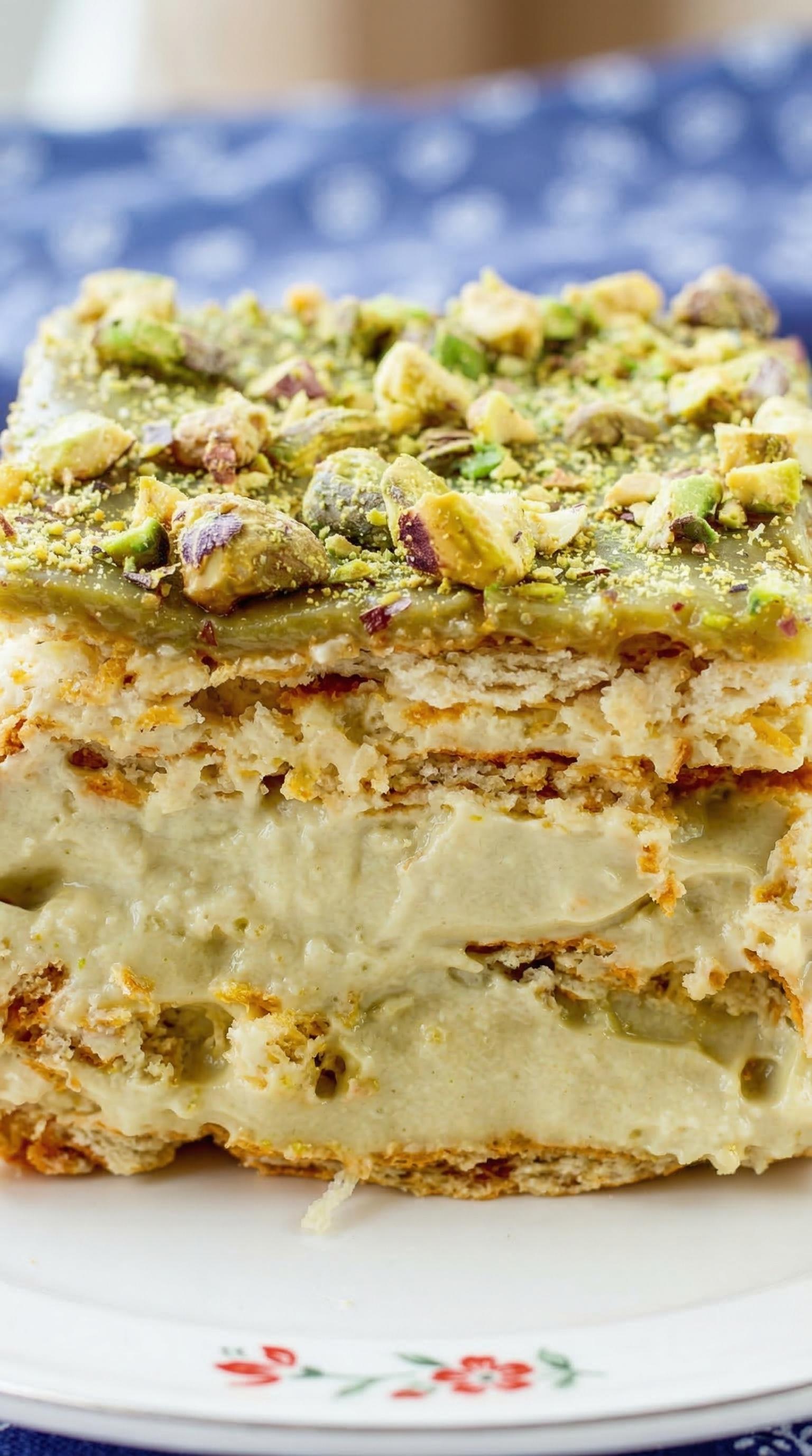 A slice of pistachio cake.