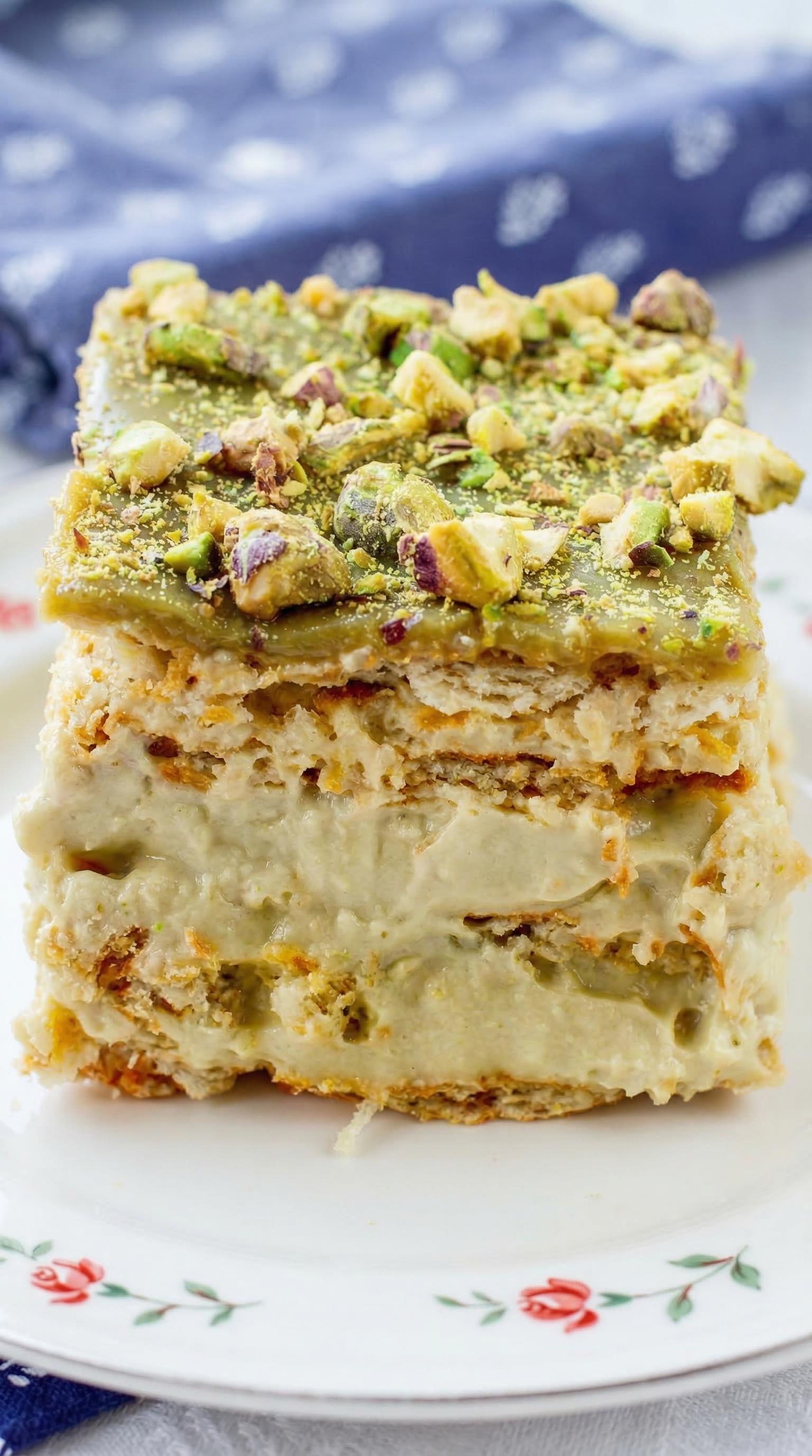 A slice of pistachio cake on a plate.