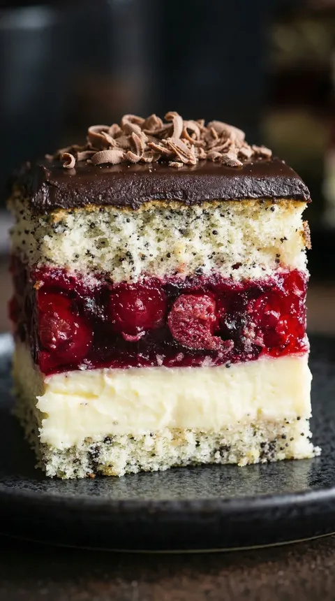 A slice of cake with red and white frosting.