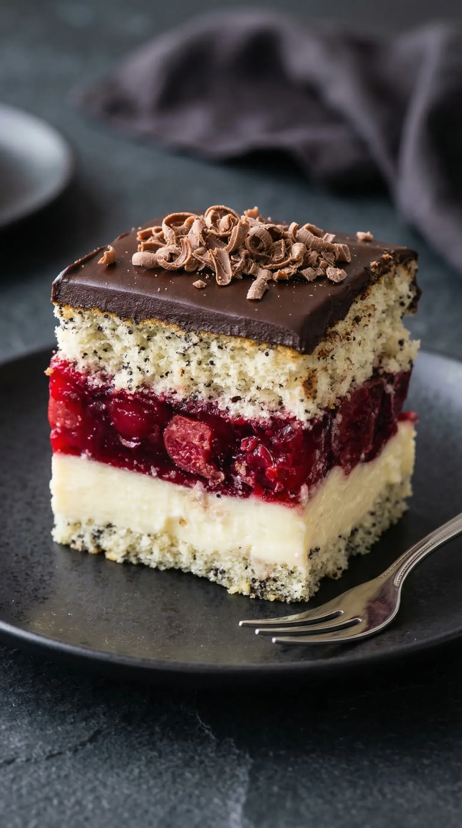 A slice of cake with chocolate and raspberry toppings.