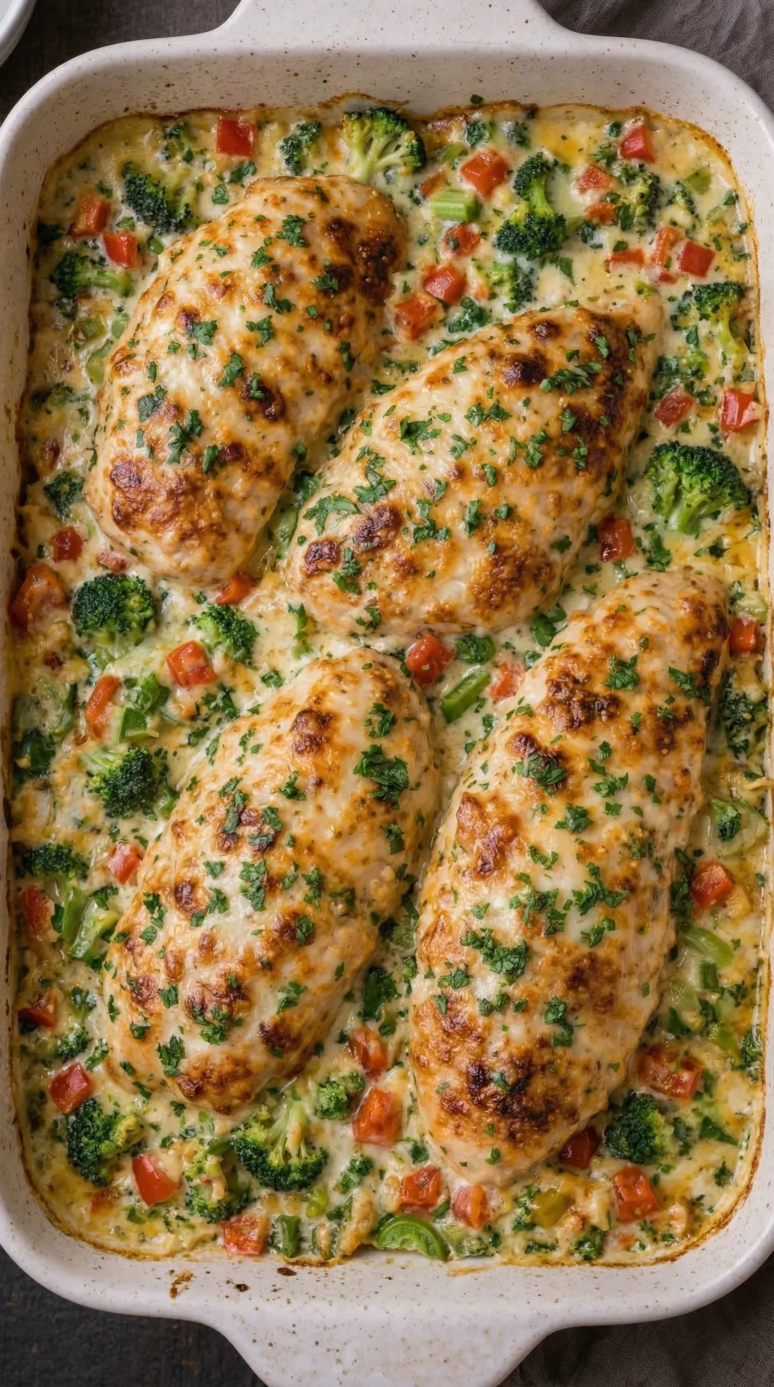 A dish of chicken with broccoli and tomatoes.