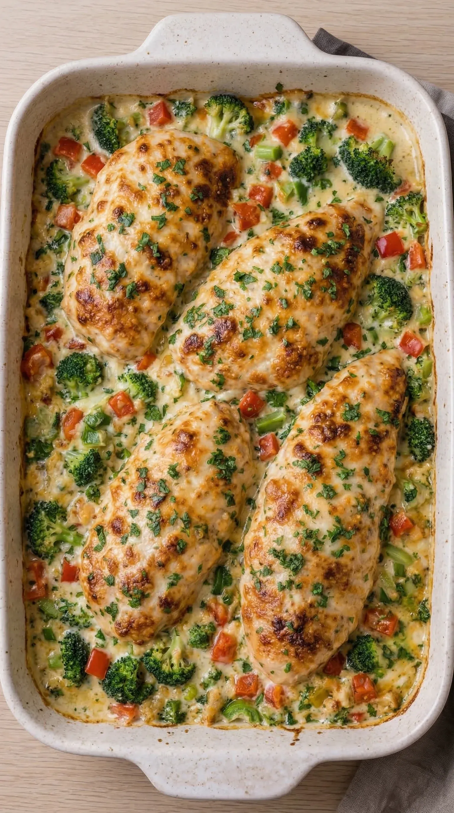 A dish of chicken with broccoli and tomatoes.