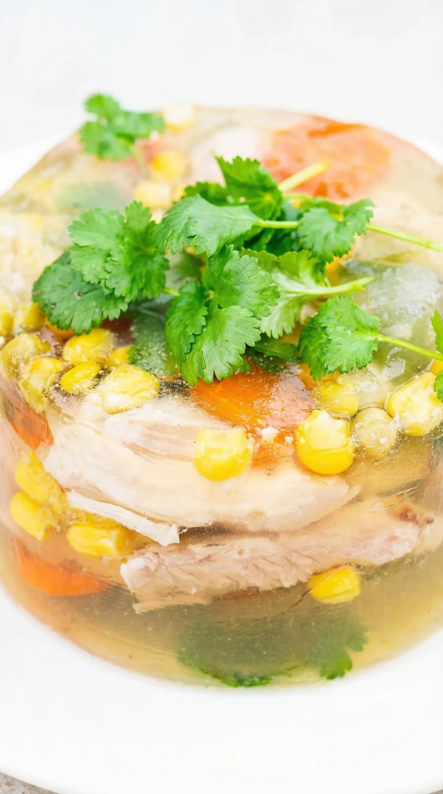 A bowl of soup with chicken and vegetables.
