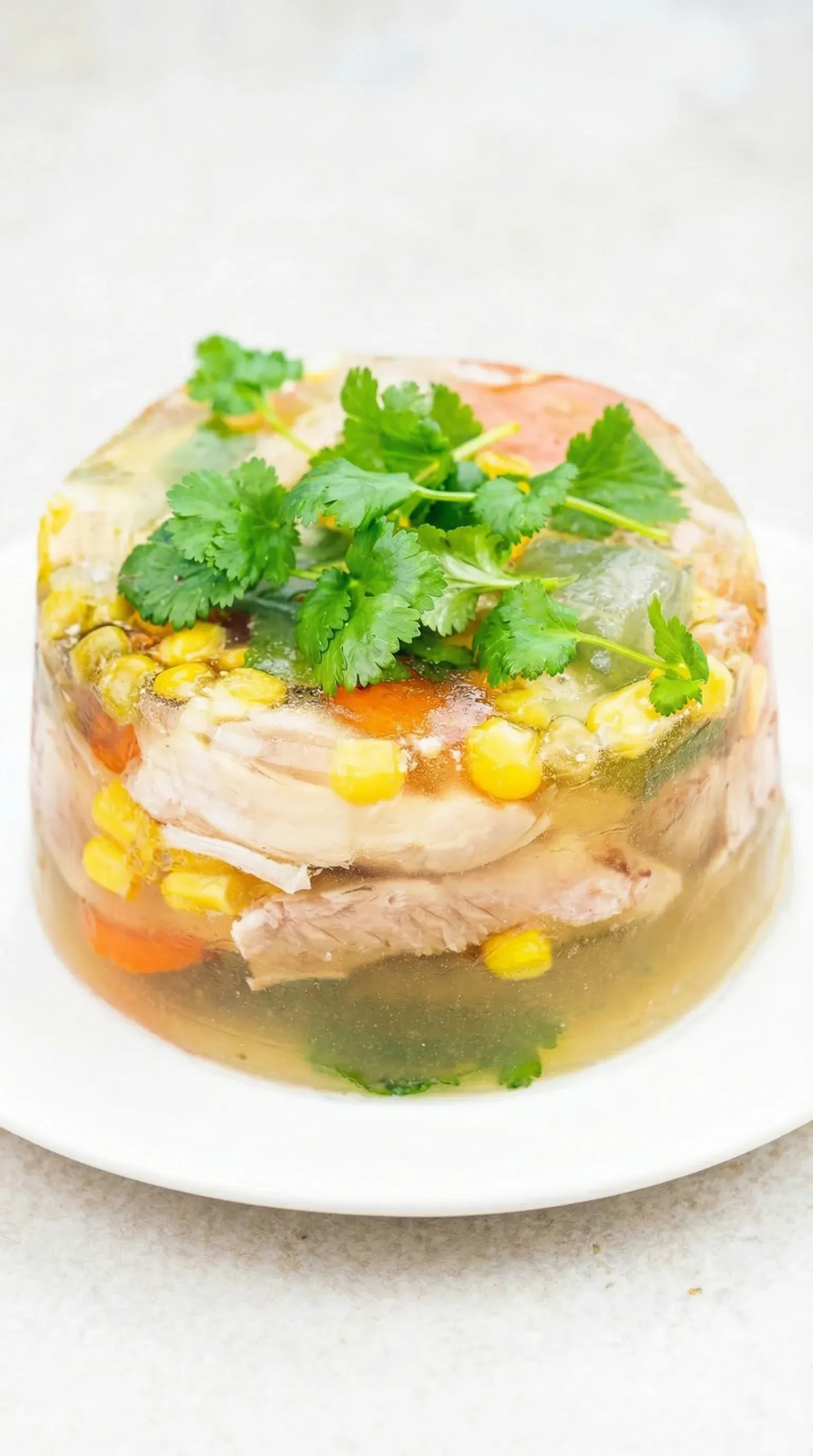 A bowl of soup with chicken and vegetables.