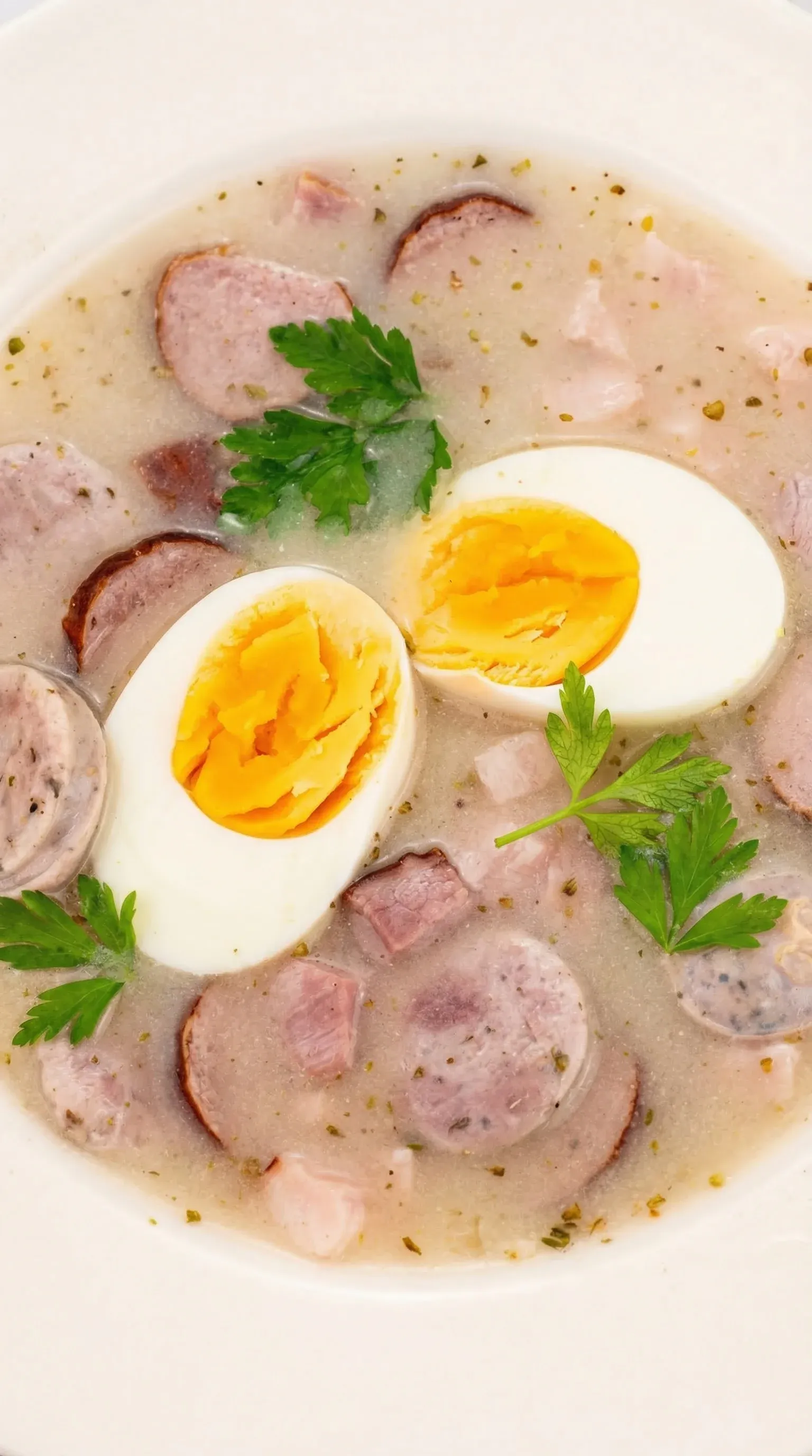 A bowl of soup with eggs and sausage.