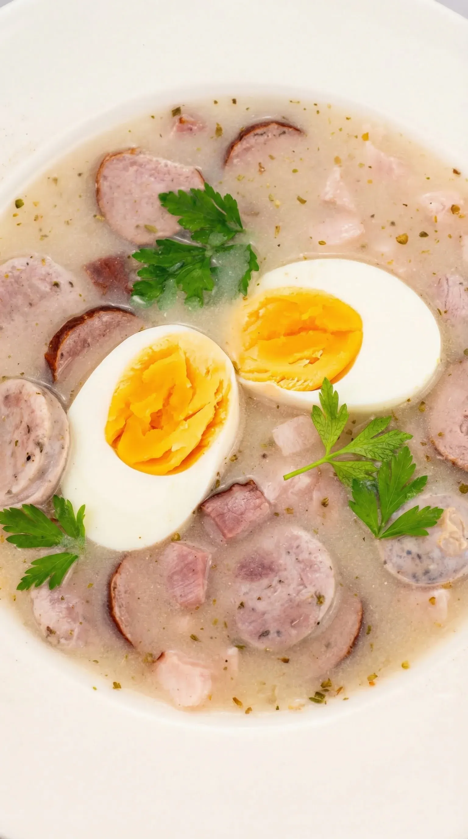 A bowl of soup with eggs and sausage.