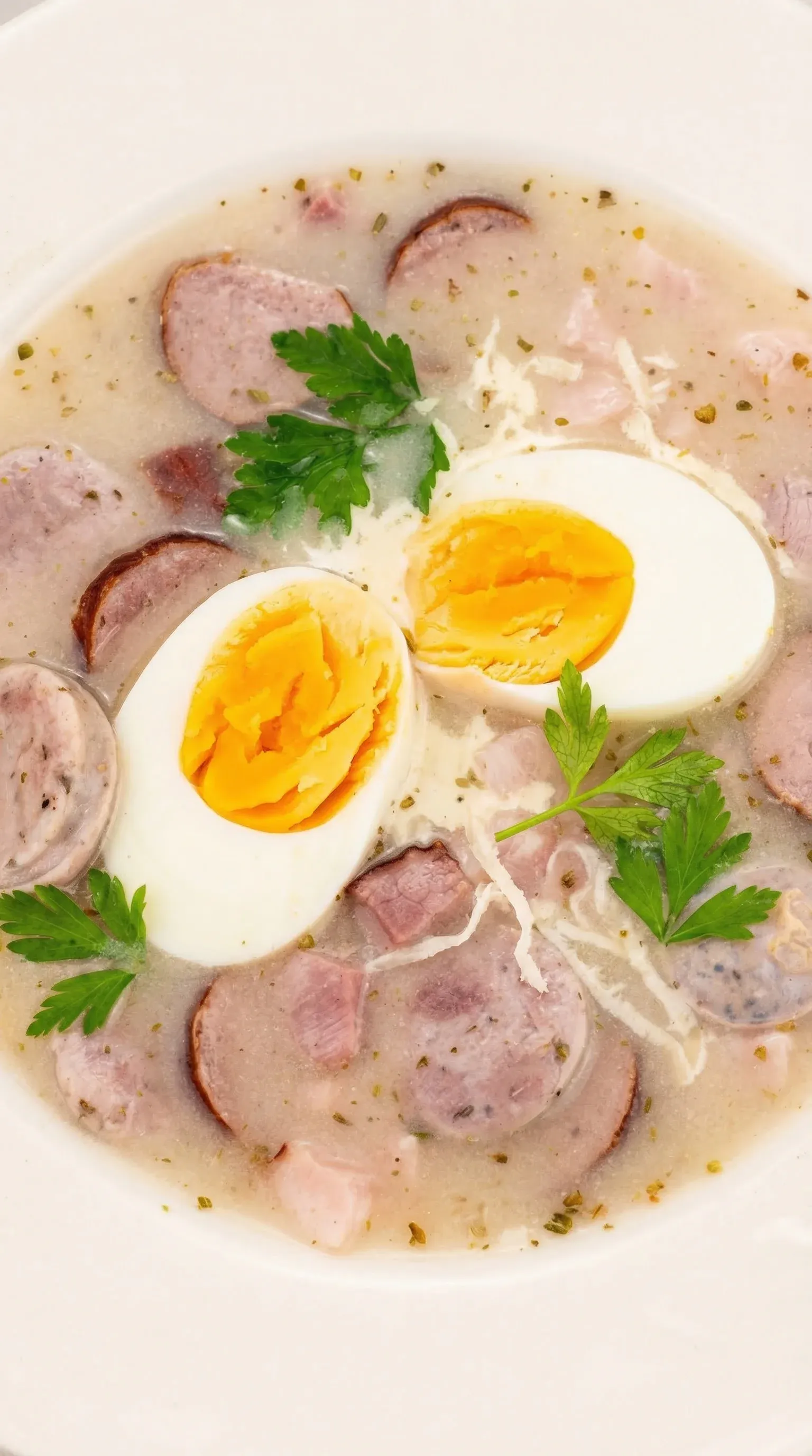 A bowl of soup with eggs and sausage.