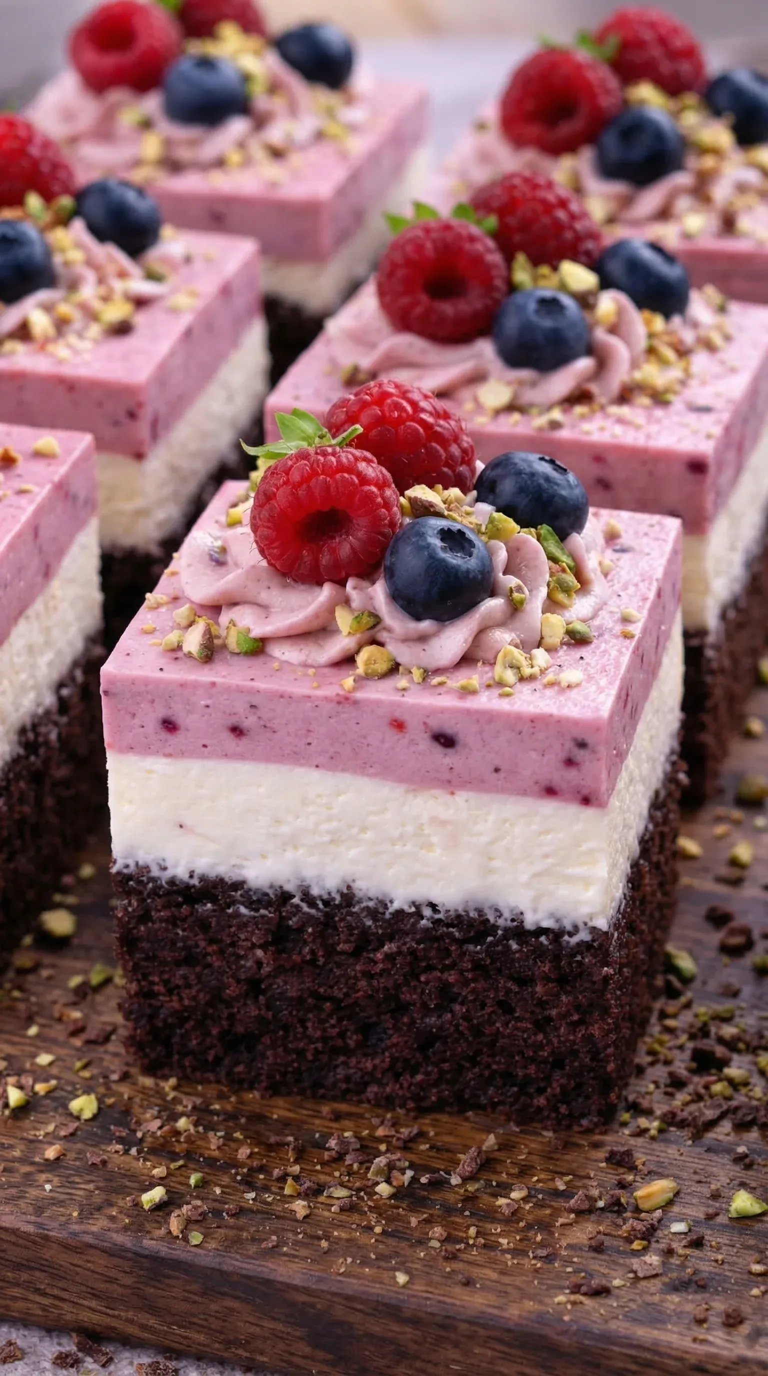 A slice of cake with raspberries and blueberries on top.