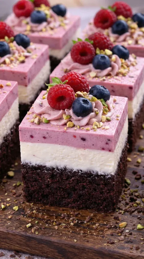A slice of cake with raspberries and blueberries on top.
