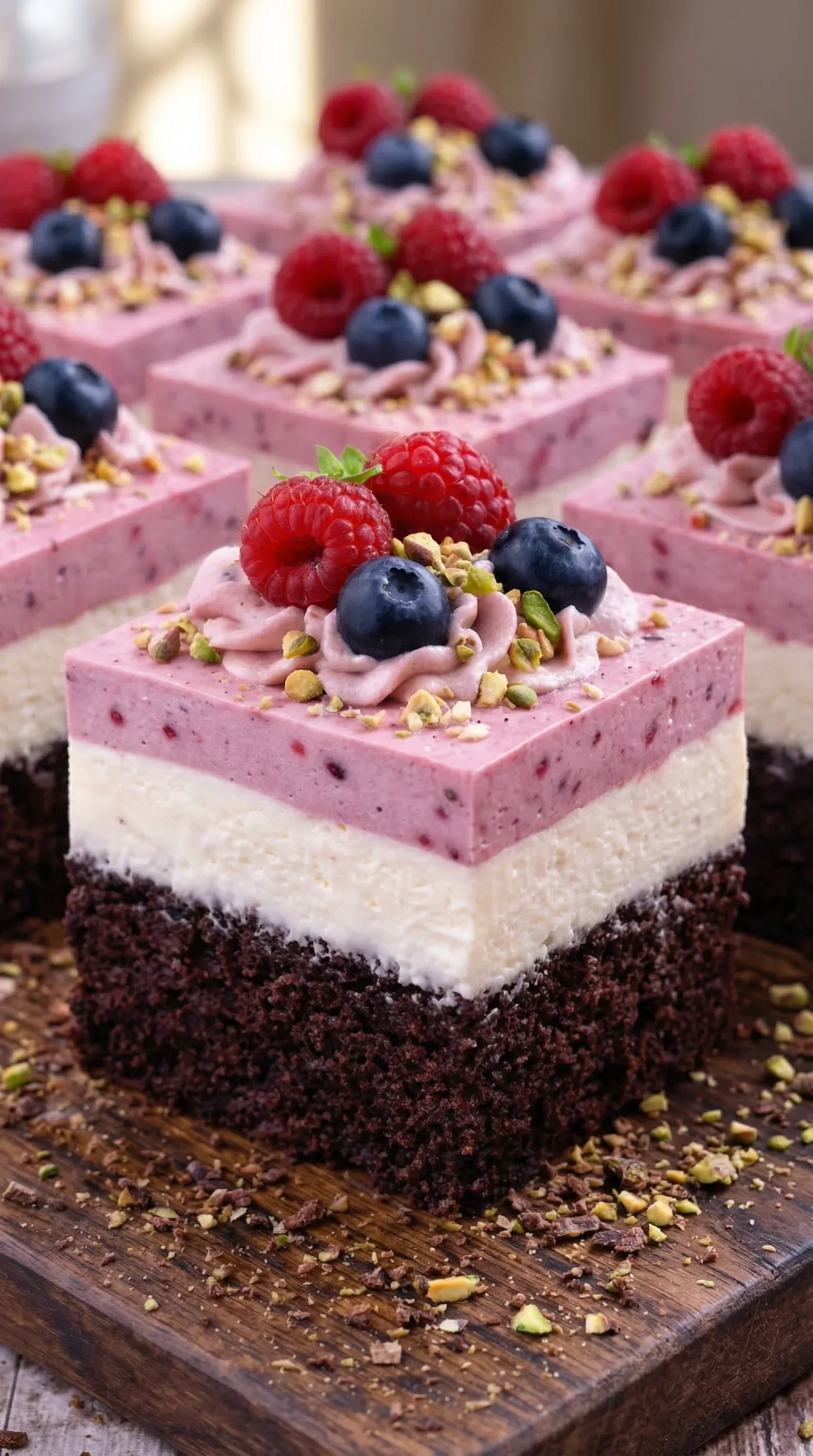 A slice of cake with raspberries and blueberries on top.