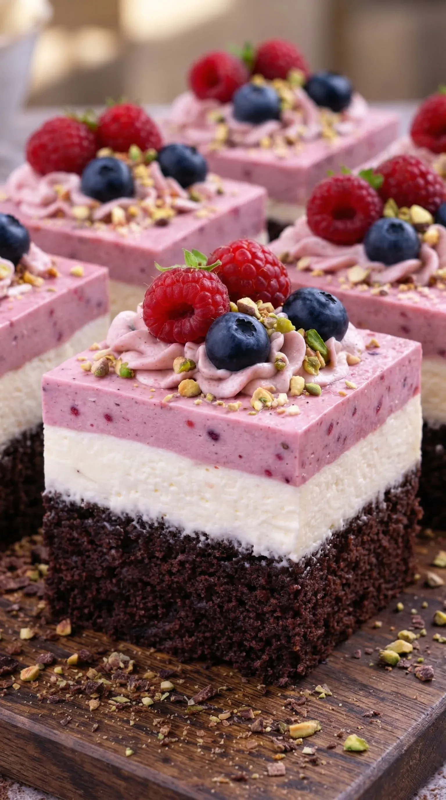 A slice of cake with raspberries and blueberries on top.