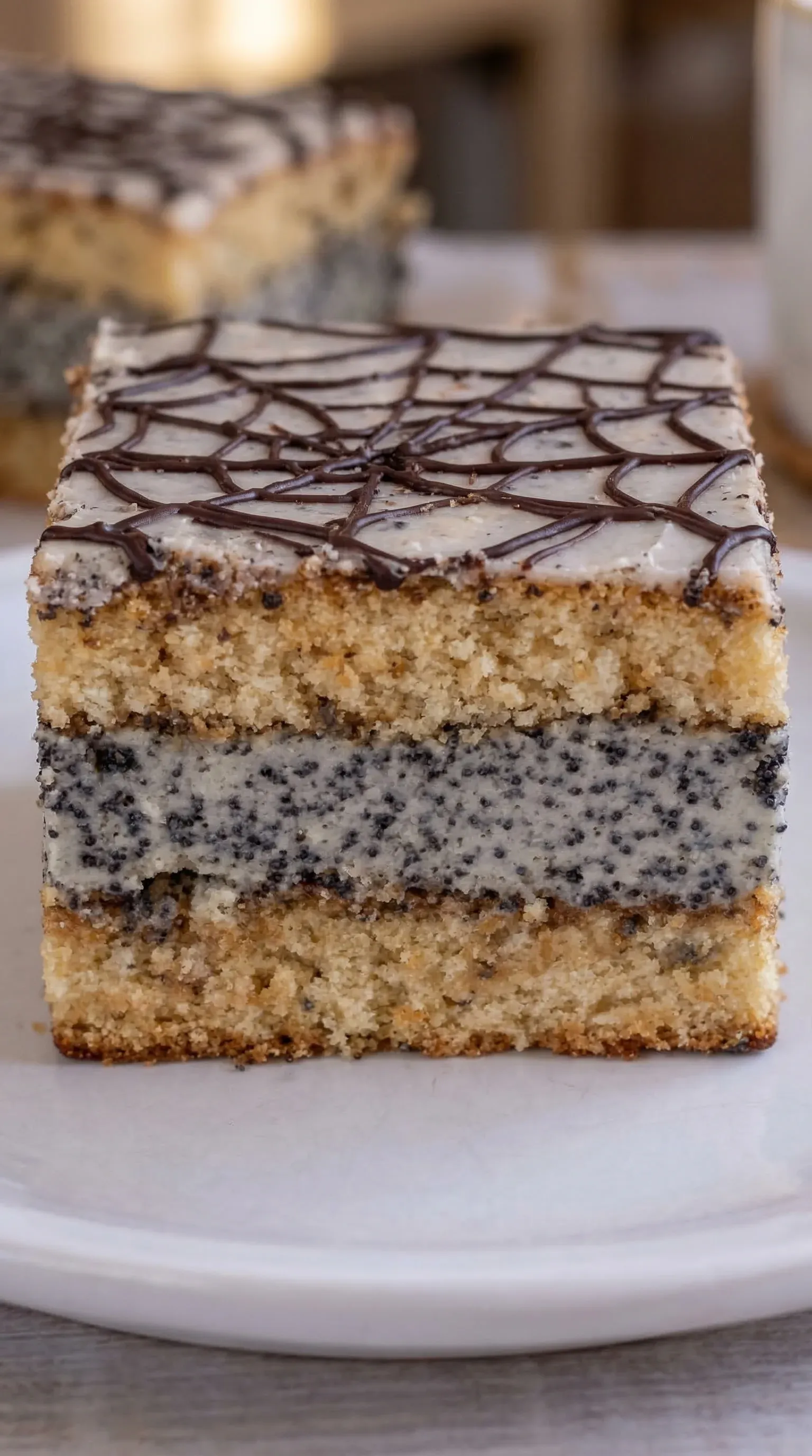 A slice of cake with chocolate and vanilla frosting.