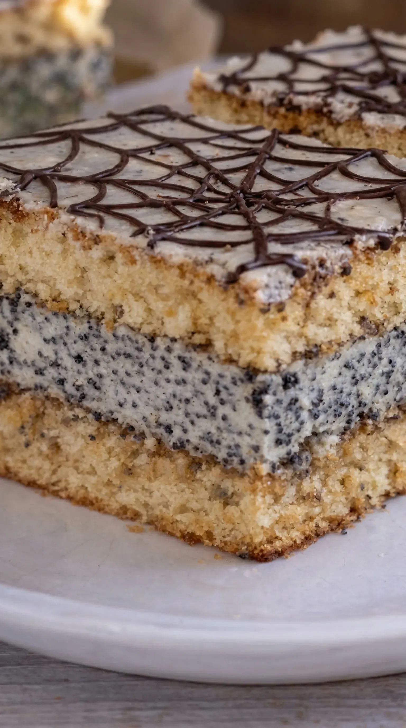 A slice of cake with chocolate and vanilla frosting.