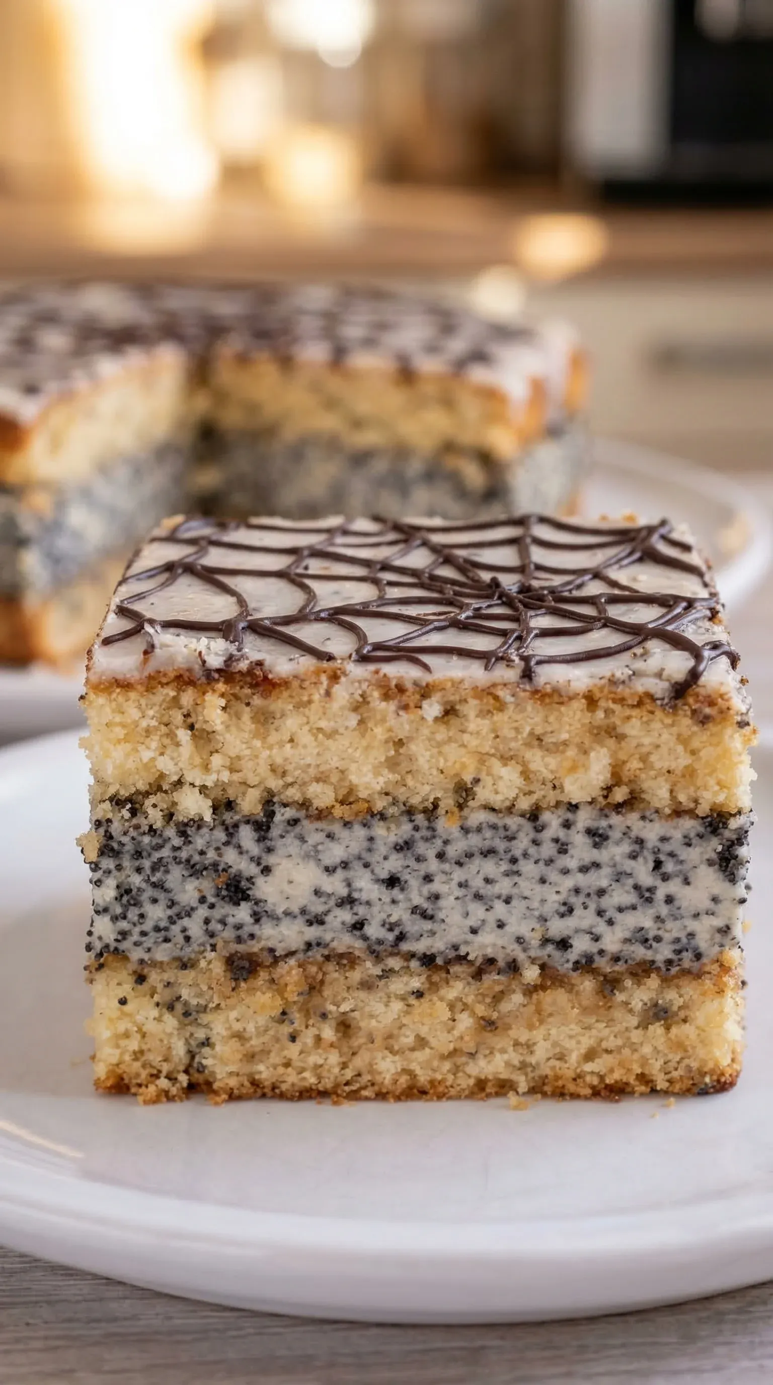 A slice of cake with chocolate and vanilla frosting.