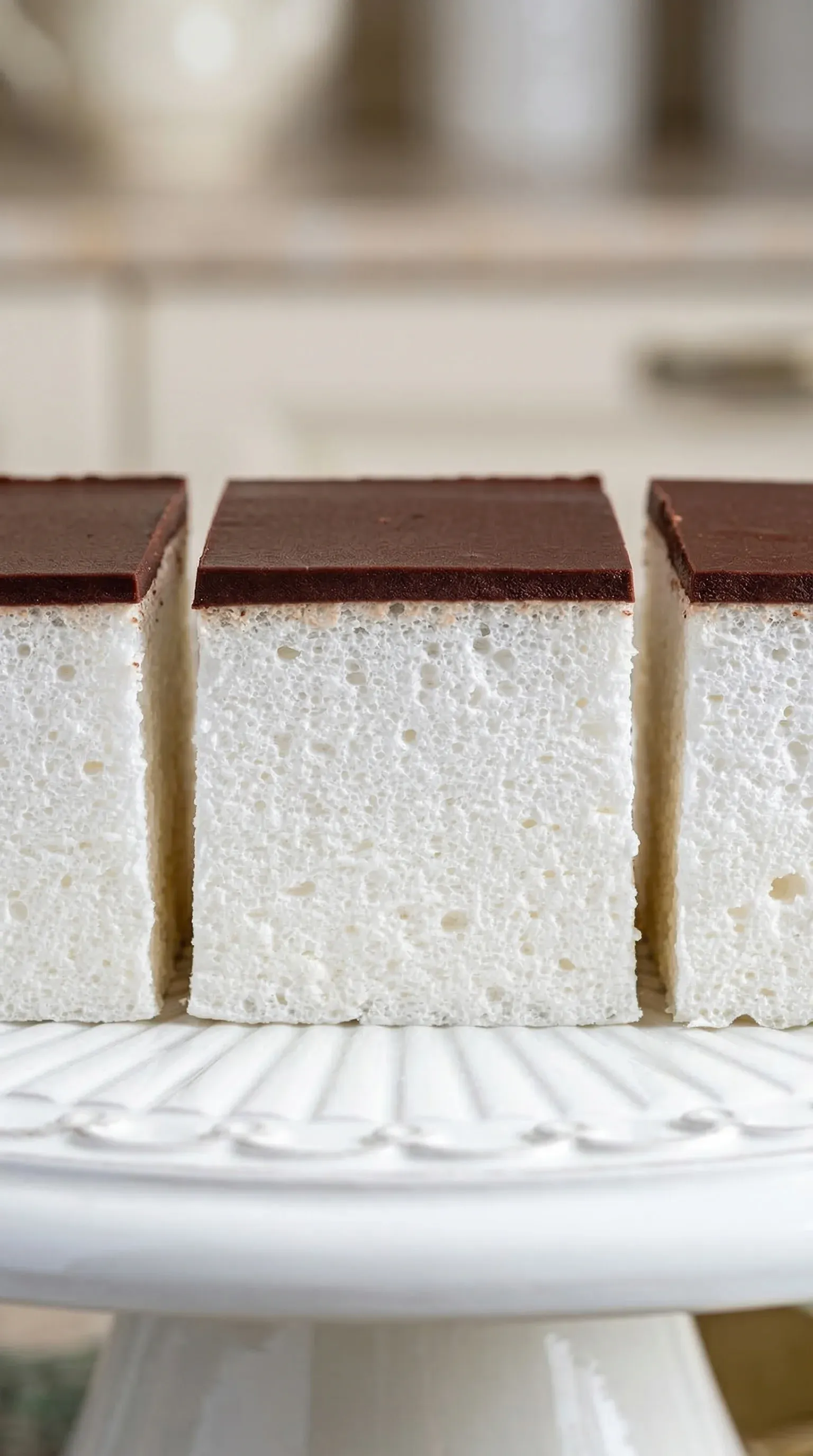 Three pieces of white and brown cake.