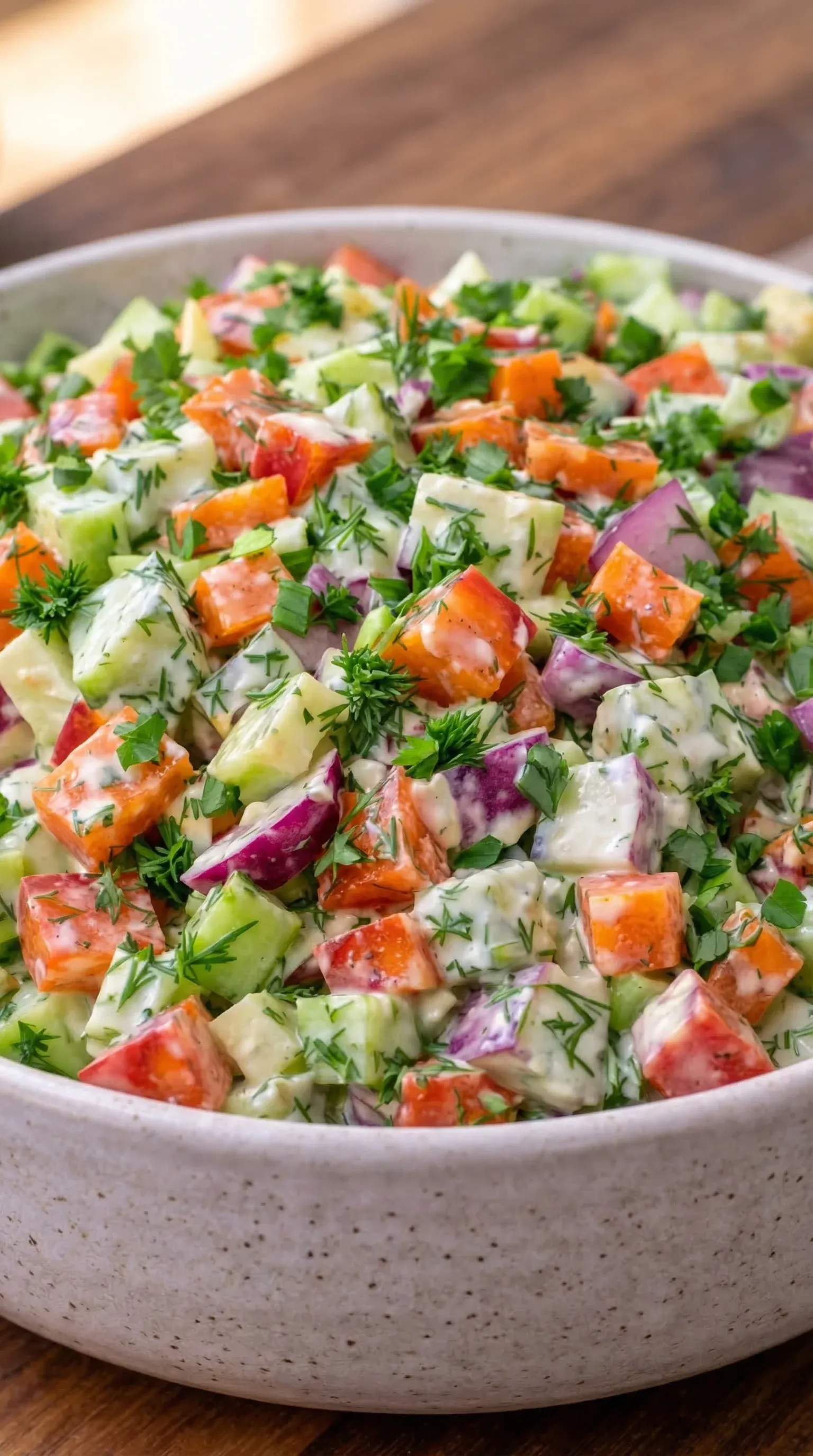 A bowl of vegetables including tomatoes, cucumbers, and onions.