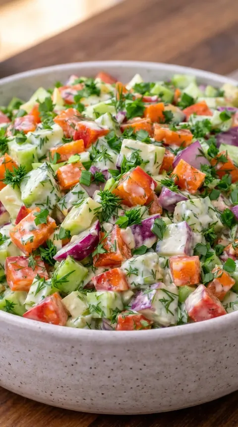 A bowl of vegetables including tomatoes, cucumbers, and onions.