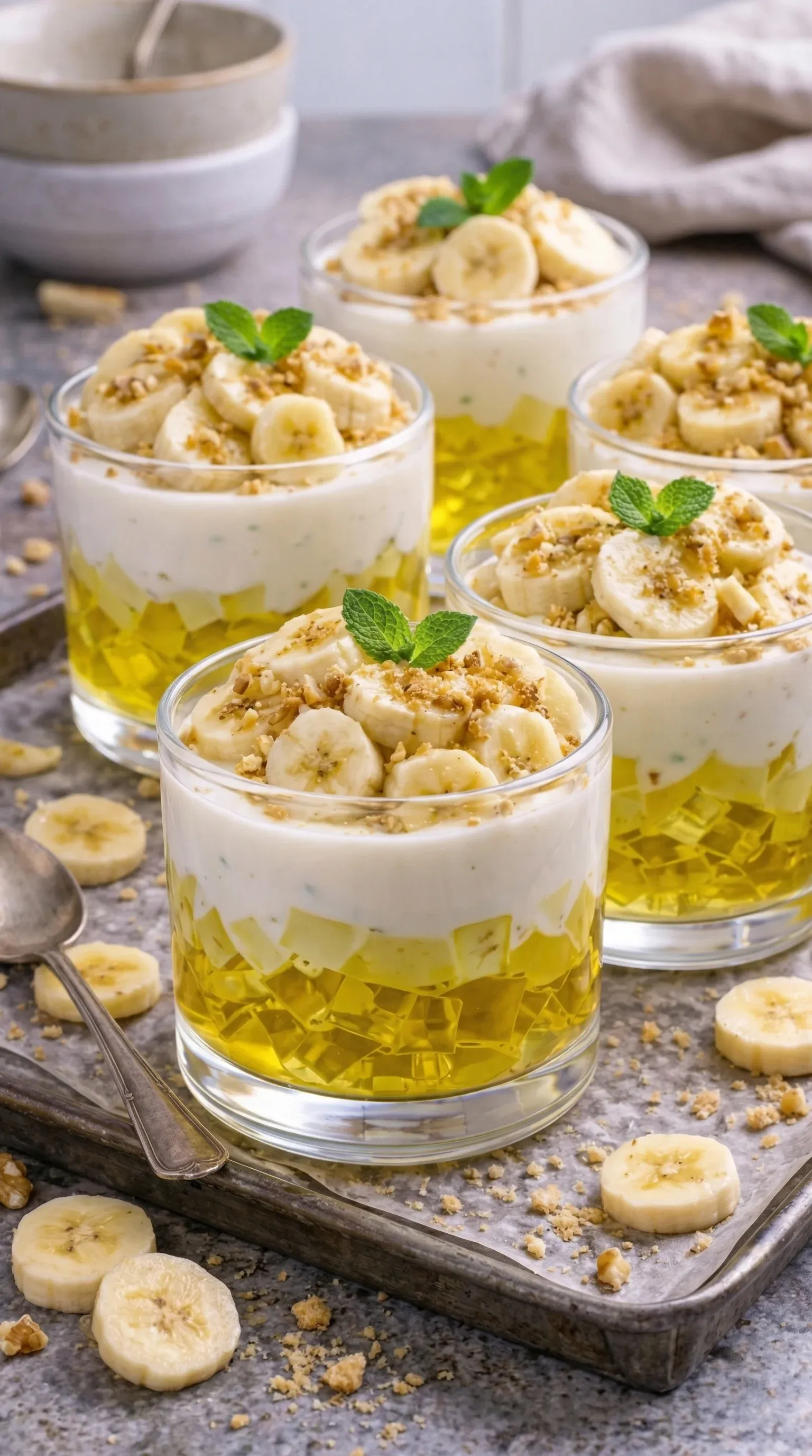 Banana dessert with cream and mint.