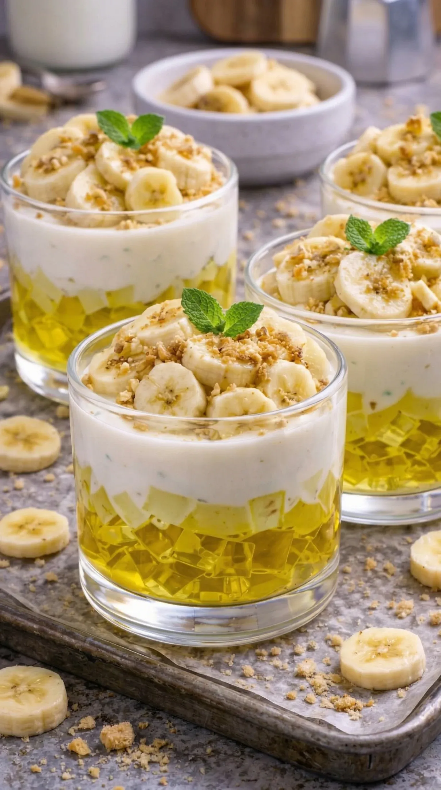 Banana dessert with cream and mint.