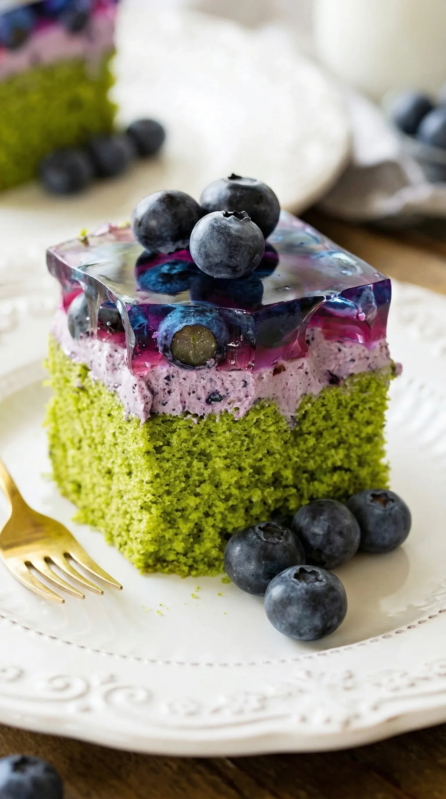 A slice of cake with blueberries on top.