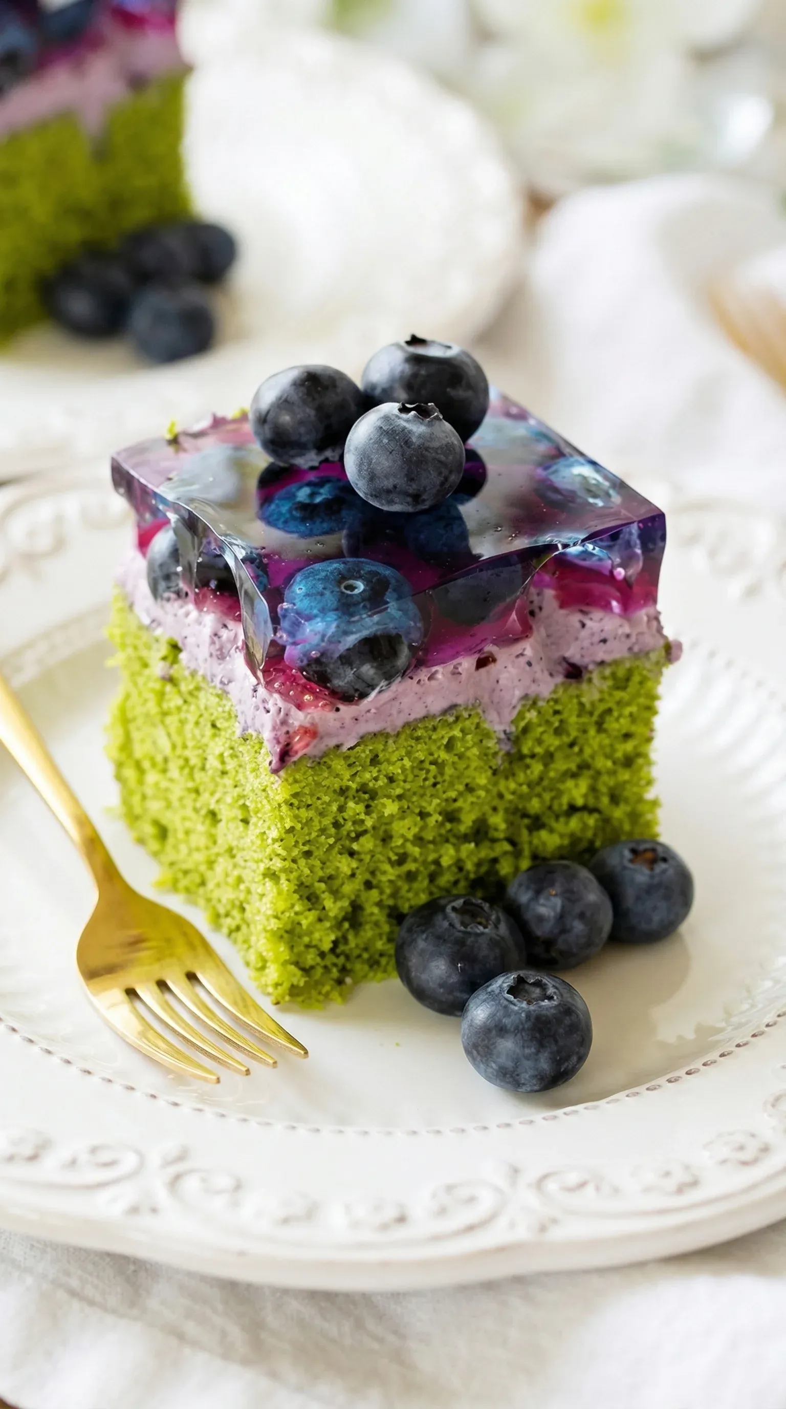A slice of cake with blueberries on top.