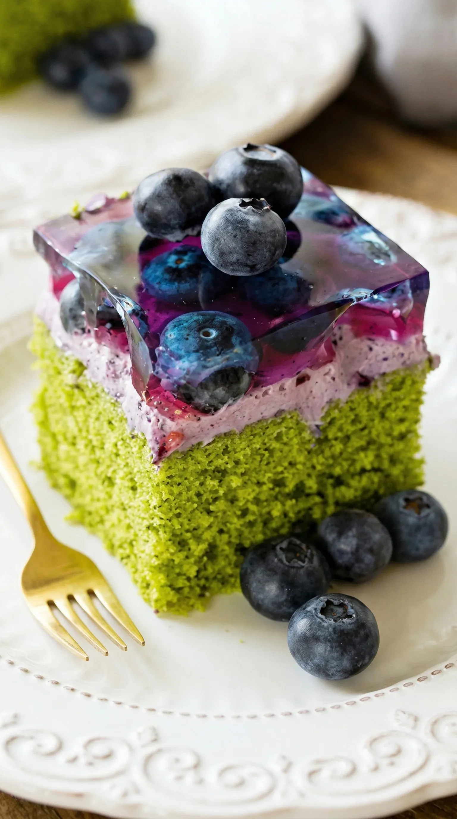 A slice of cake with blueberries on top.