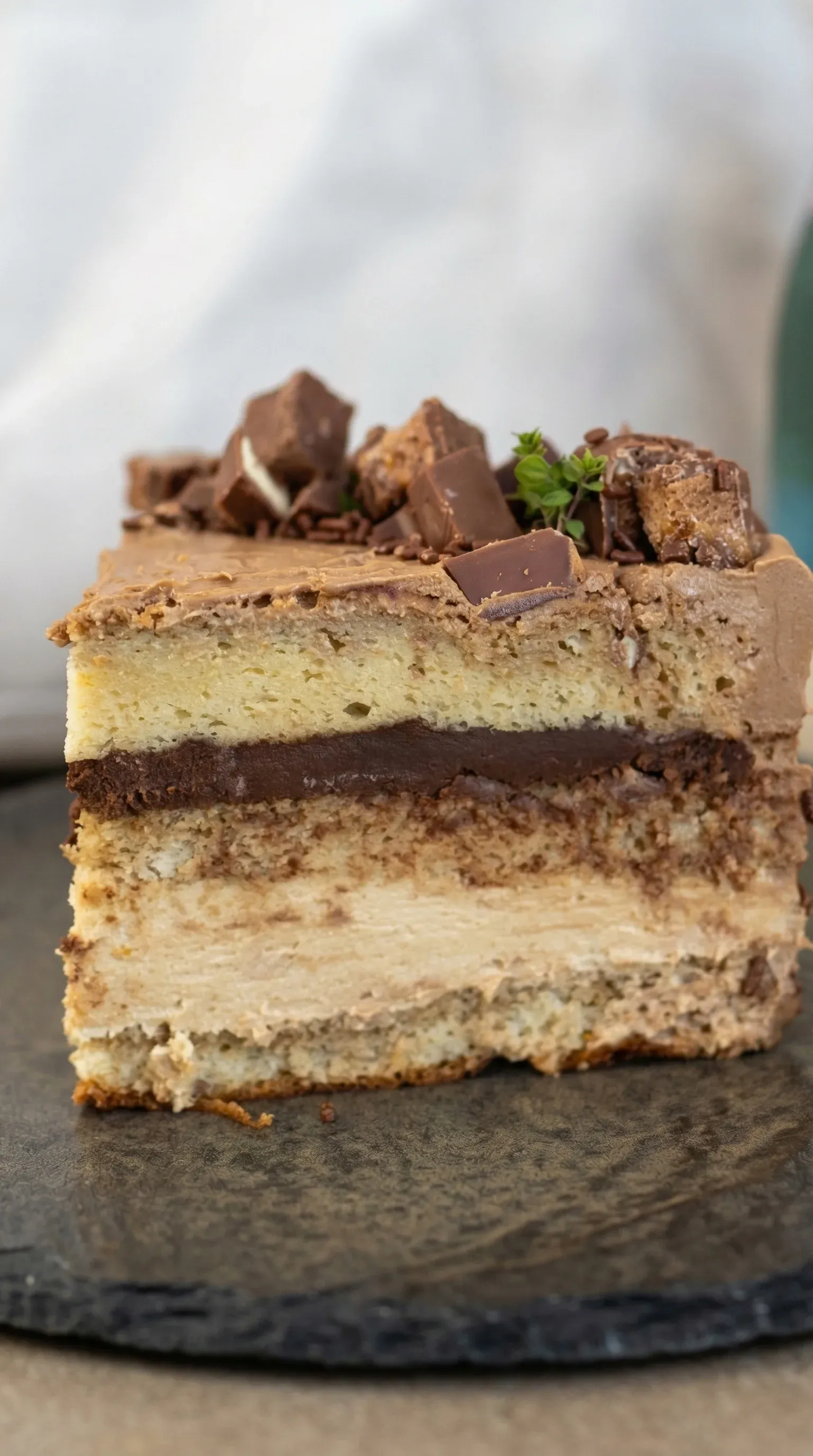 A slice of chocolate cake with chocolate chips on top.